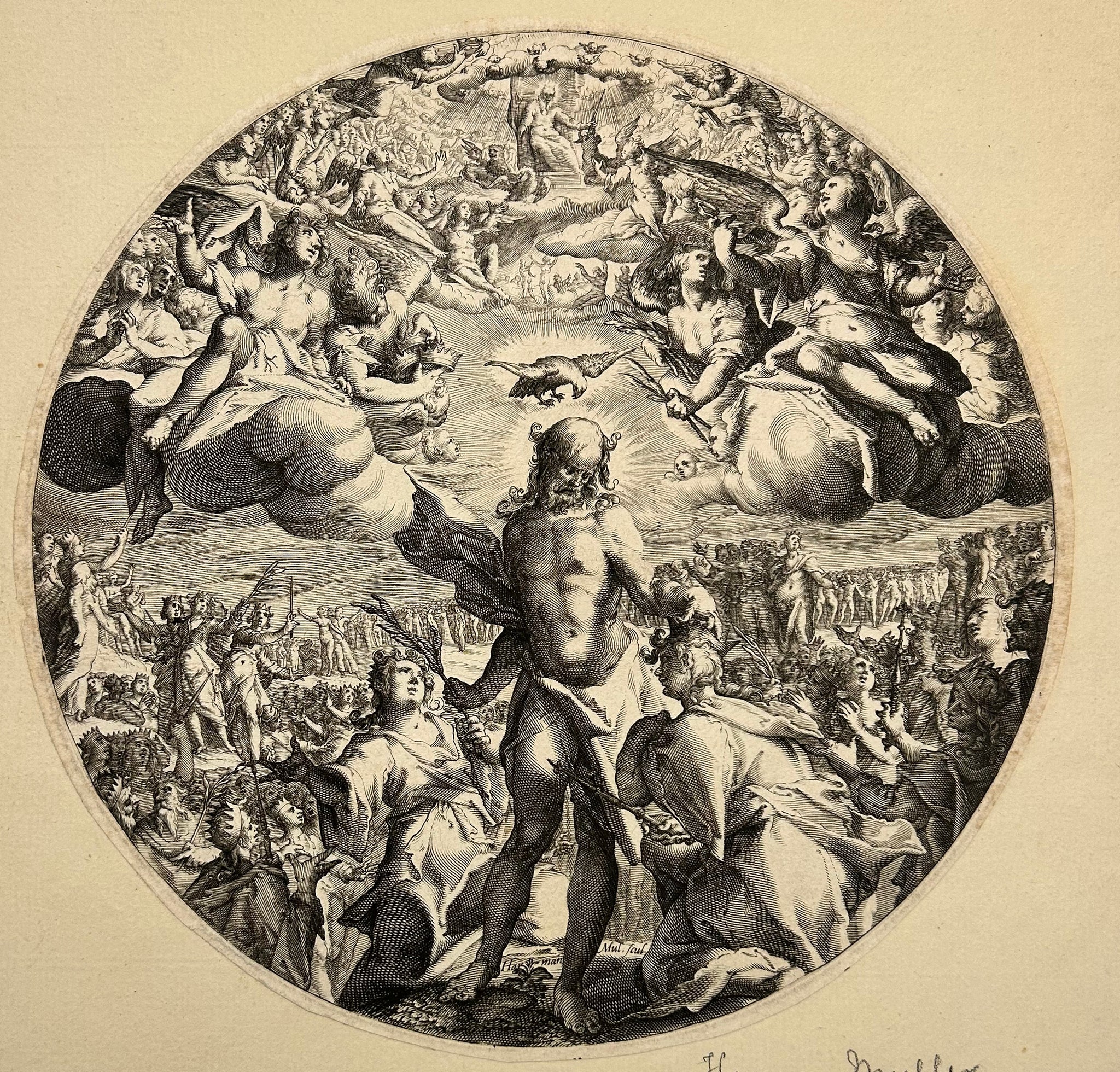 MULLER Harmen Jansz - Allégorie du Salut de l'Humanité. Le Christ couronnant ceux qu'il a sauvés. 1588-1592. Gravure à l'eau-forte et au burin d'après R. Pilander. 