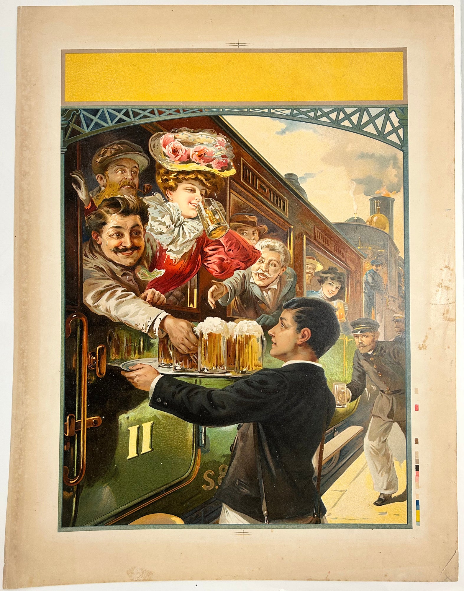[Service de bière sur le quai de la gare]. Affiche publicitaire.  c.1910-1920. Chromolithographie.