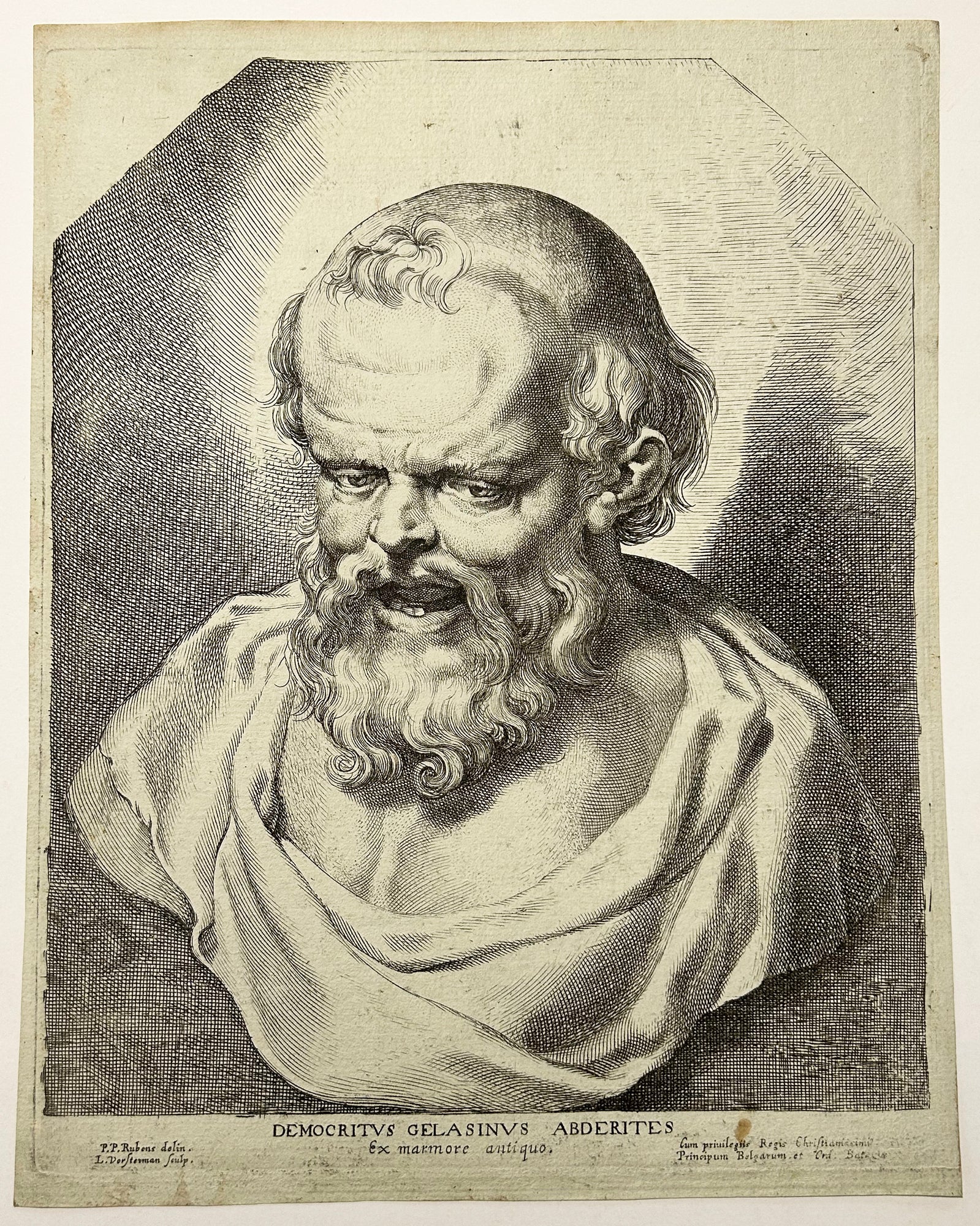 Lucas VORSTERMAN I - Buste du philosophe grec Démocrite.  c.1638. Gravure à l'eau-forte et au burin d'après Pierre Paul Rubens.