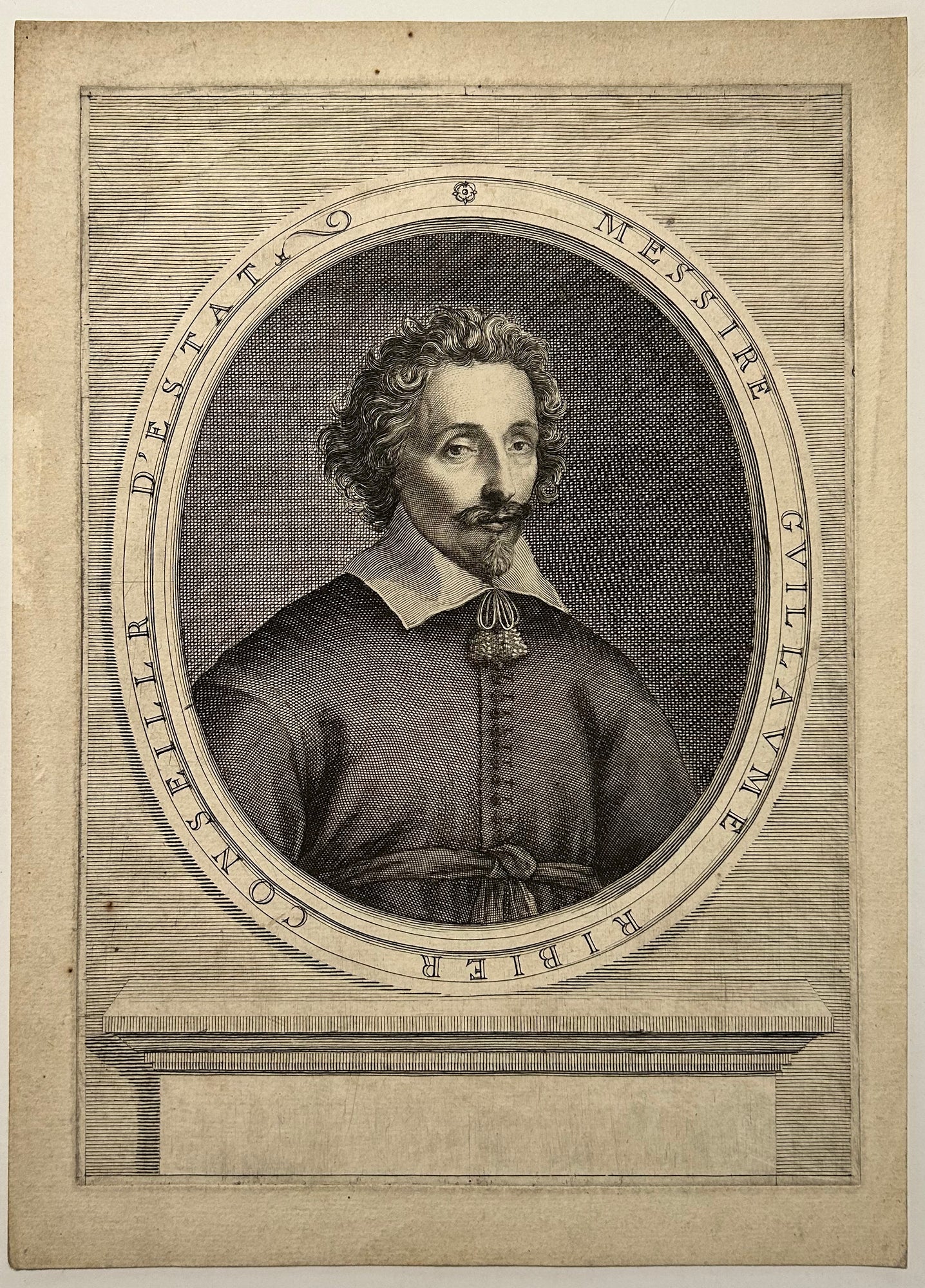 Portrait de Messire Guillaume Ribier (1578† 1663), conseiller d'Etat, magistrat, collectionneur et érudit.  Fin XVIIème. Gravure à l'eau-forte et au burin.