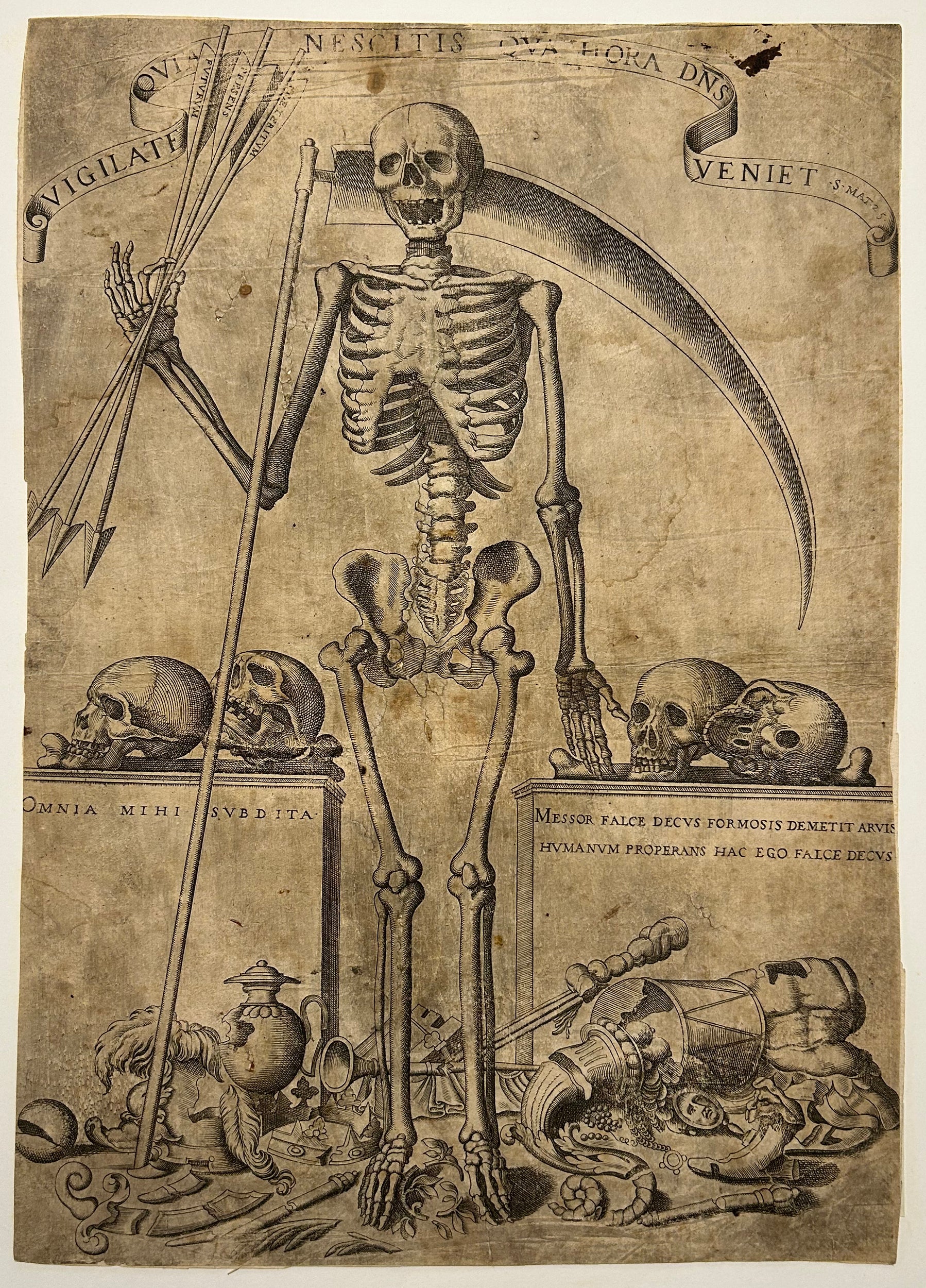 Allégorie de la Mort. Veillez, car vous ne savez pas à quelle heure le Seigneur viendra.Vigilate qvia nescitis qva hora dns veniet.  c.1590. Burin.