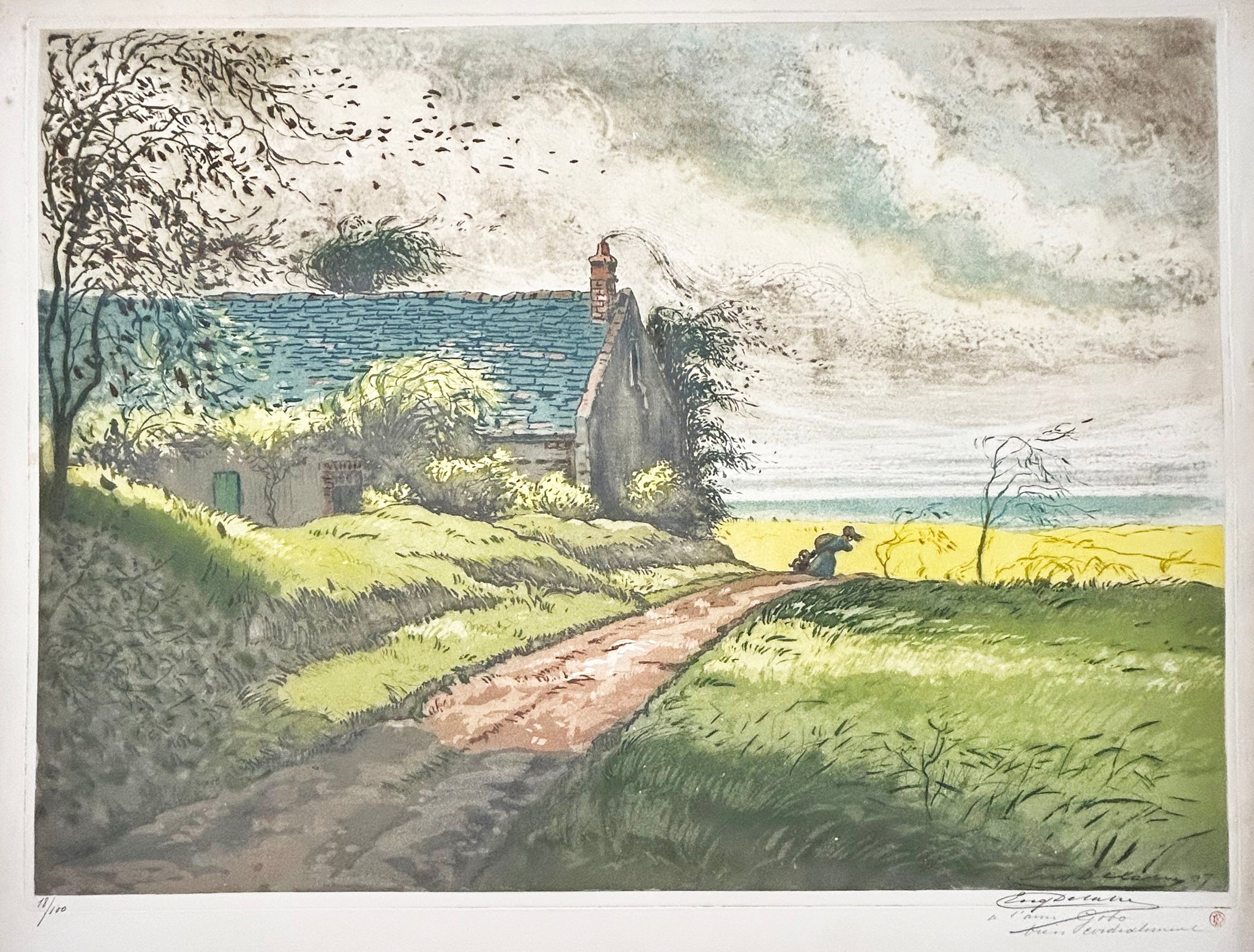 Eugène DELÂTRE - [Paysage de campagne sous le vent]. Gravure originale à l'eau-forte et aquatinte, imprimée en couleurs. 
