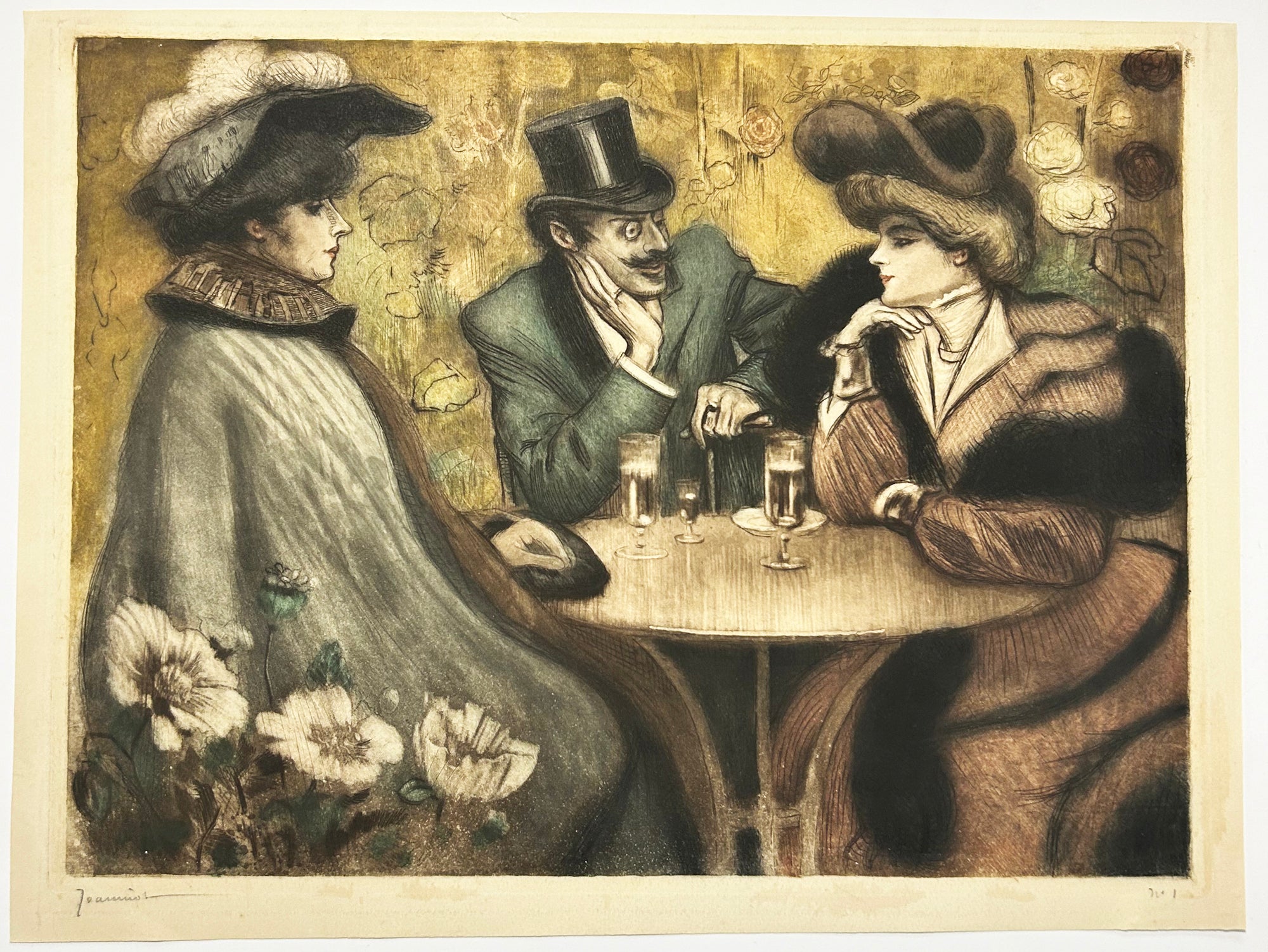 Pierre Georges JEANNIOT - [Elégante dans un bar devant un verre d'absinthe]. c.1900. Gravure originale à l'eau-forte, pointe sèche et roulette, imprimée en couleurs. 