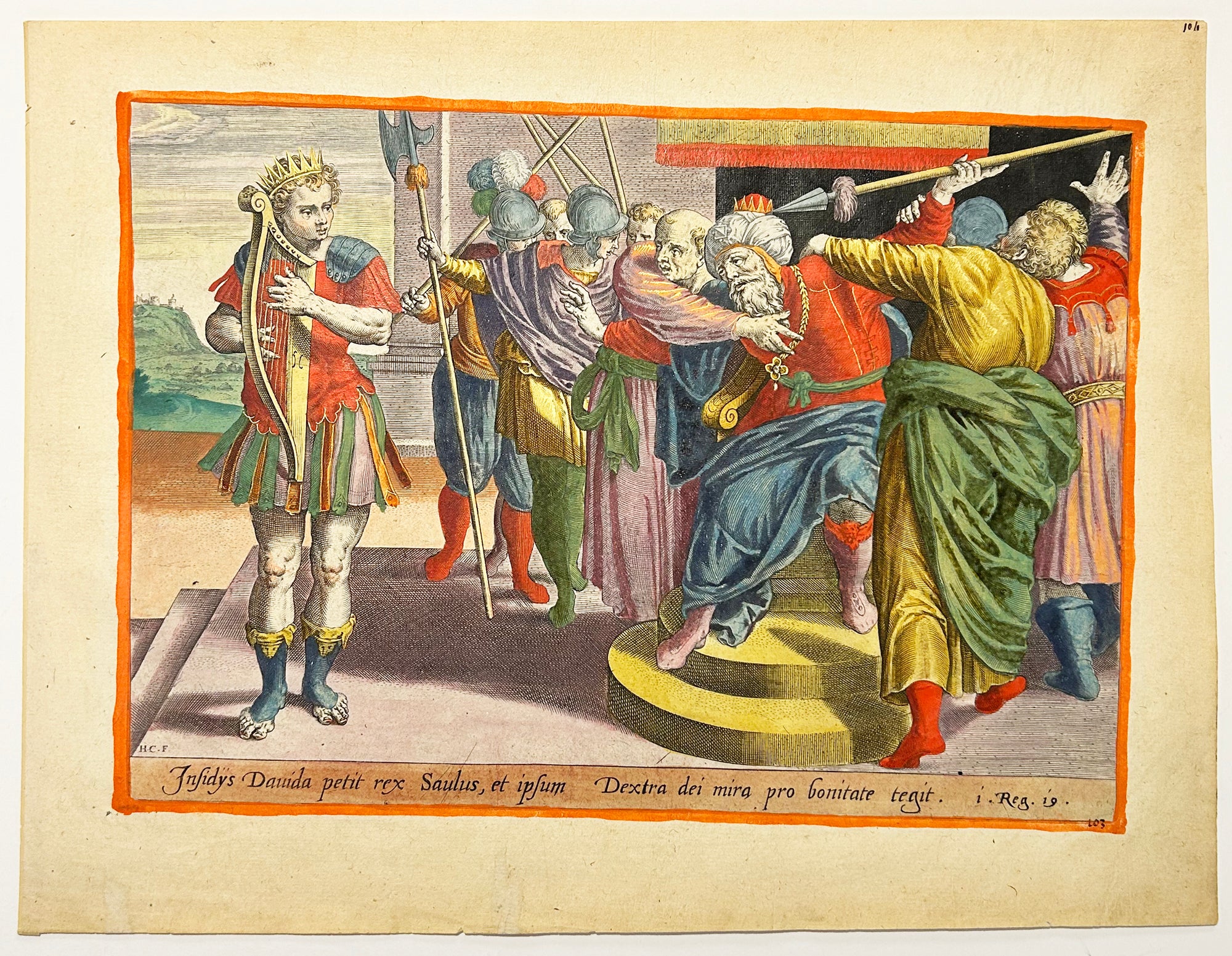 David jouant de la Harpe et Saül cherchant à le frapper avec le javelot. c.1579.