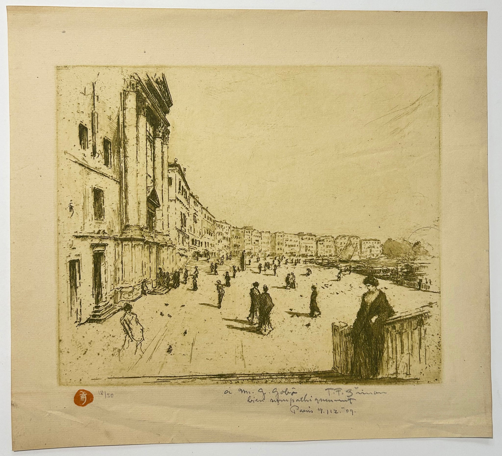 Tavik Frantisek SIMON - Riva Schiavoni, Venise.  1909. Eau-forte originale, imprimée en vert olive. 