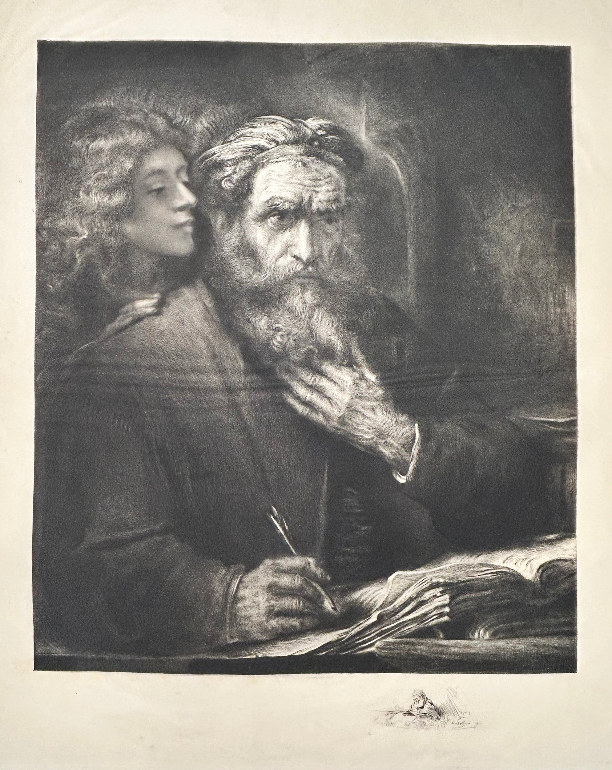 Charles Albert WALTNER - Saint Matthieu et l'Ange.  1911. Gravure originale à l'eau-forte et pointe sèche d'après le tableau peint par Harmenszoon van Rijn Rembrandt.