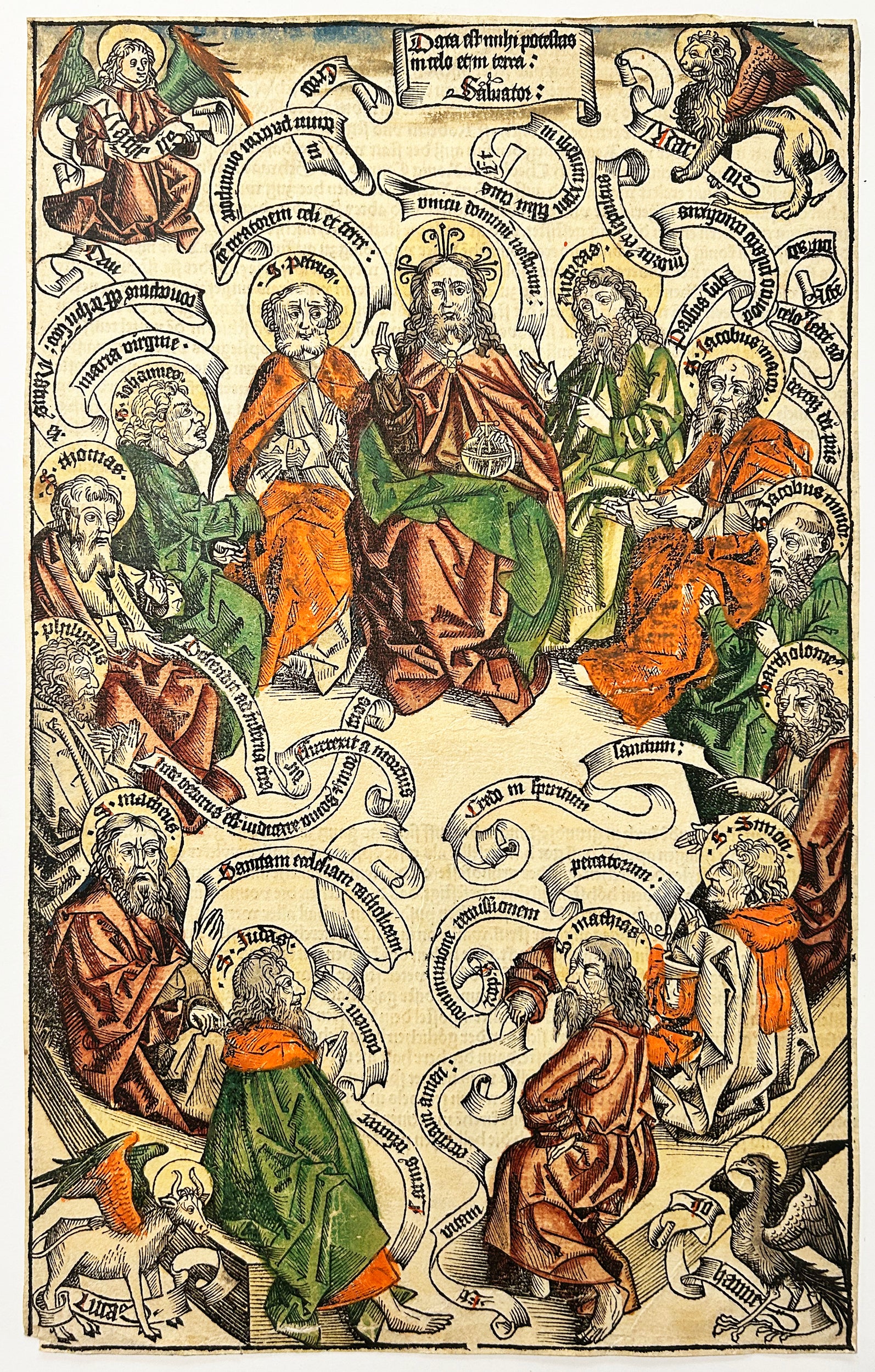 Michel WOHLGEMUTH - Sexta Etas Mudi. Data est mihi potestas in celo et in terra: Salvator. (Jésus-Christ entouré des douze apôtres).  1493. Bois gravé en coloris ancien. 