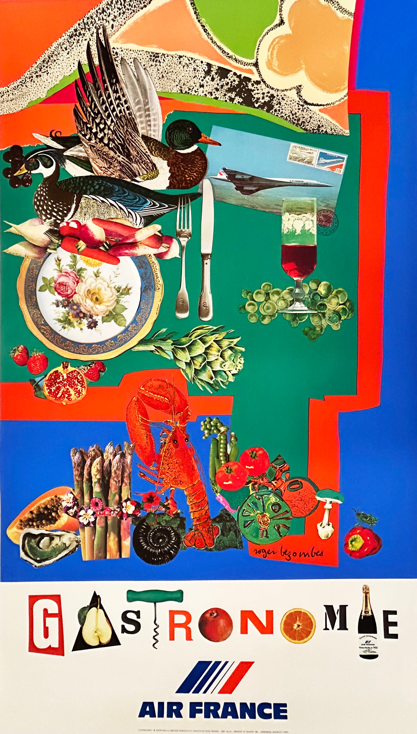 Roger BEZOMBES - Gastronomie. Affiche Air France.  1980. Sérigraphie.