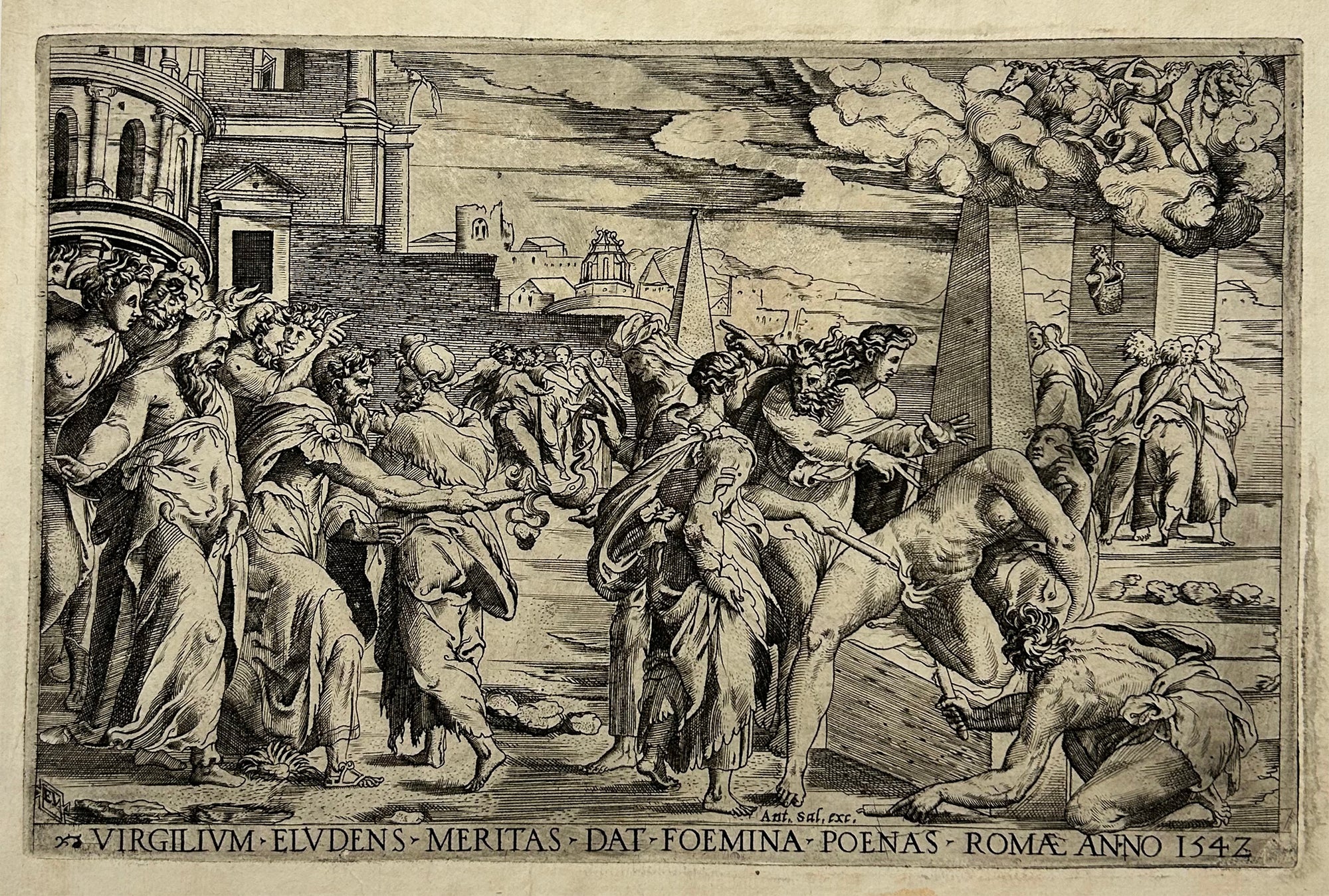 Enea VICO - Le châtiment de la courtisane qui s'était moquée Virgile.  1542. Gravure à l'eau-forte et au burin d'après Perino del Vaga (1501 † 1547). 
