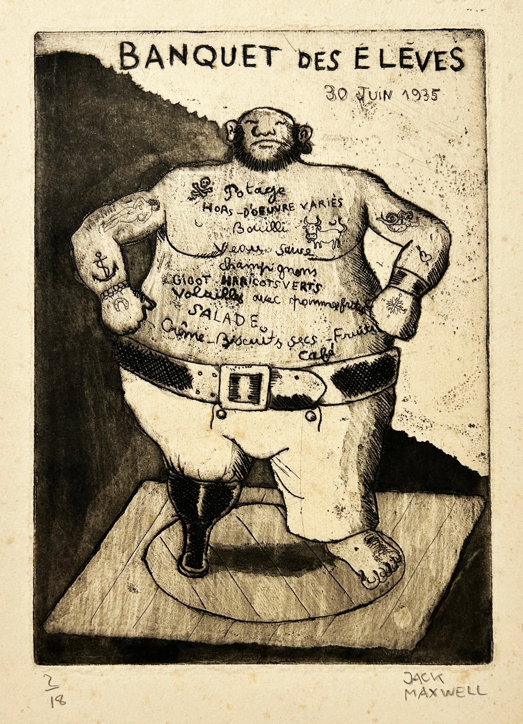 Jack MAXWELL - Invitation pour le Banquet des élèves du 30 juin 1935. Gravure originale  l'eau-forte et aquatinte. 