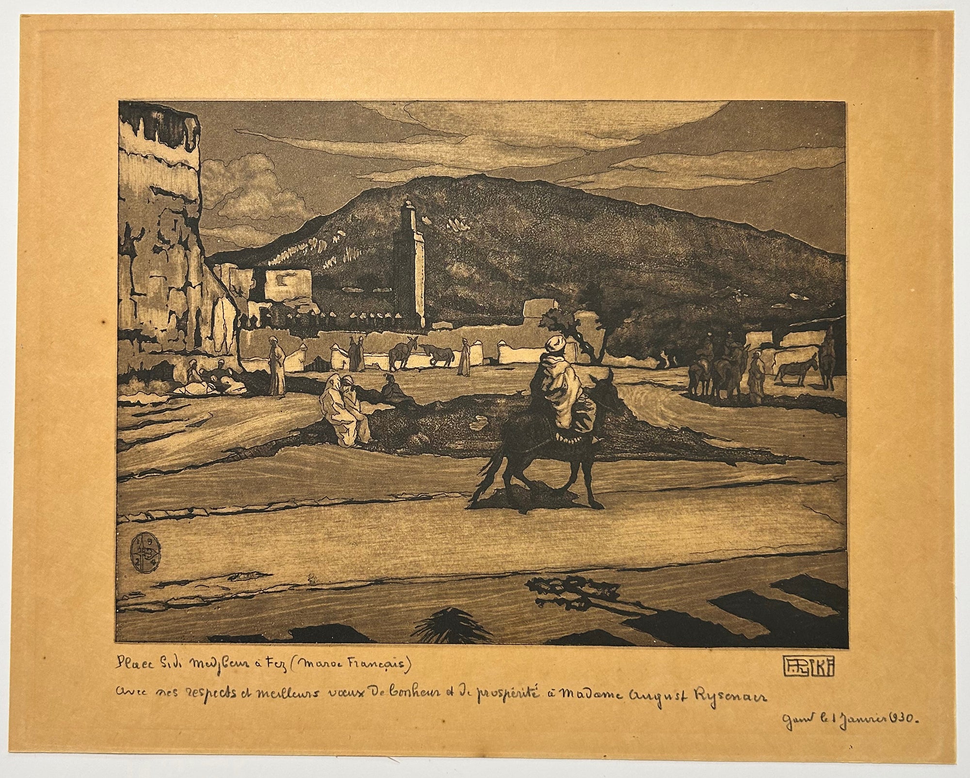 François PYCKE - Place Sidi Medjbeur à Fez (Maroc).  1924. Gravure originale à l'eau-forte et aquatinte. 