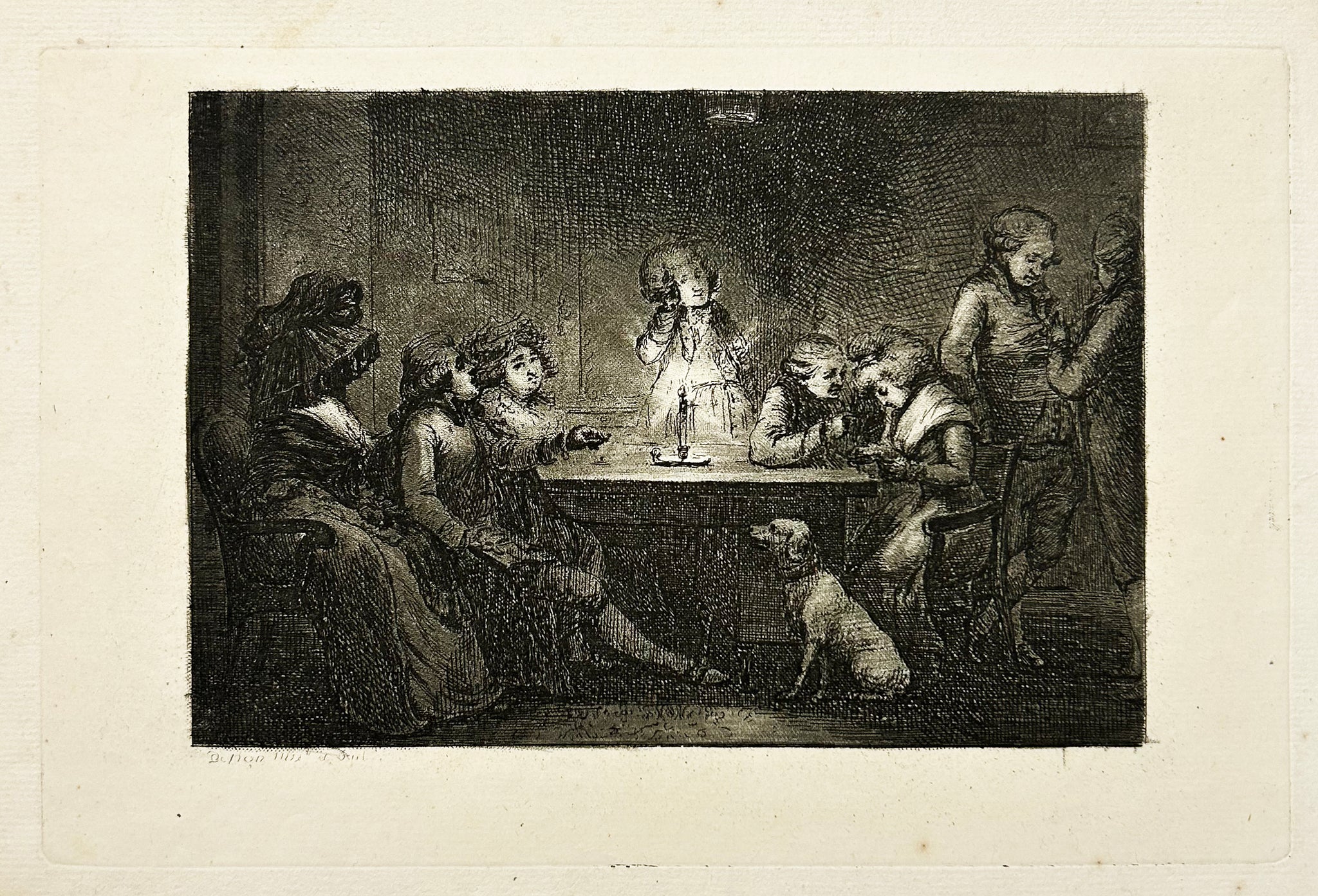 Dominique Vivant DENON - Réunion autour d'une table à la lueur d'une bougie.  Fin XVIIIème. Gravure originale à l'eau-forte et aquatinte. 