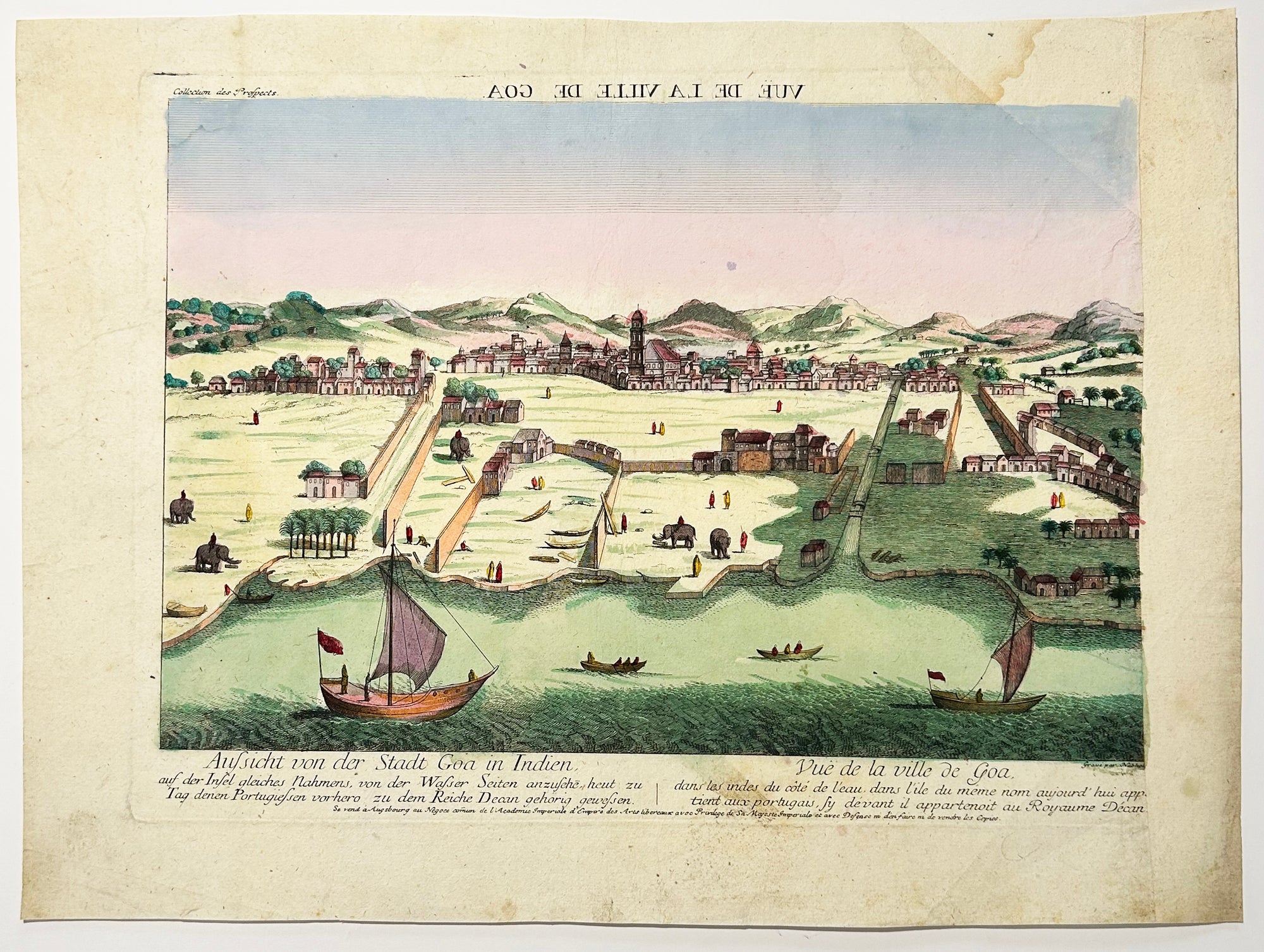 Vue de la ville de Goa dans les Indes du côté de l'eau, dans l'île du même nom aujourd'hui appartient aux portugais, sy devant il appartenait au Royaume Décan.  c.1780.