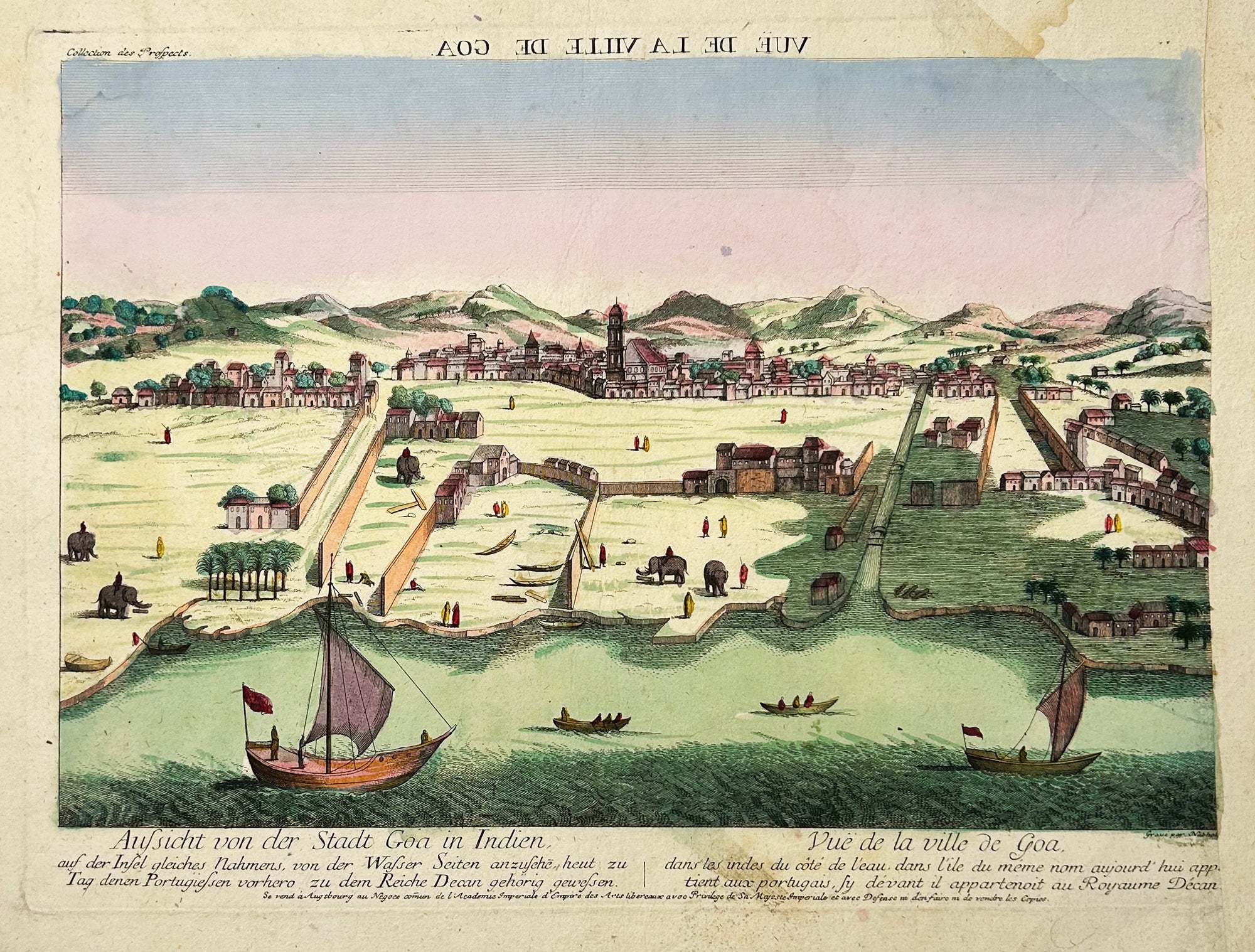 NABHOLTZ - Vue de la ville de Goa dans les Indes du côté de l'eau, dans l'île du même nom aujourd'hui appartient aux portugais, sy devant il appartenait au Royaume Décan.  c.1780. Vue d'optique. Eau-forte en coloris ancien. 