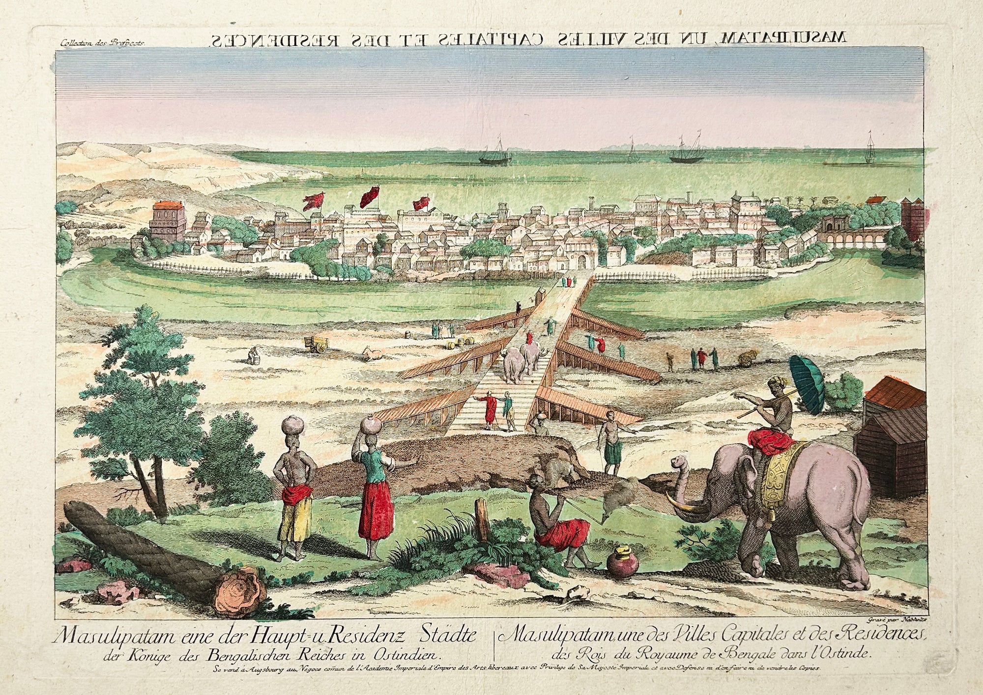 NABHOLTZ - Masulipatam, une des villes capitales et des Résidences des Rois du Royaume de Bengale dans l'Ostinde (Ville côtière et port de l'Andhra Pradesh, dans le Sud de l'Inde). c.1780. Vue d'optique. Eau-forte en coloris ancien. 
