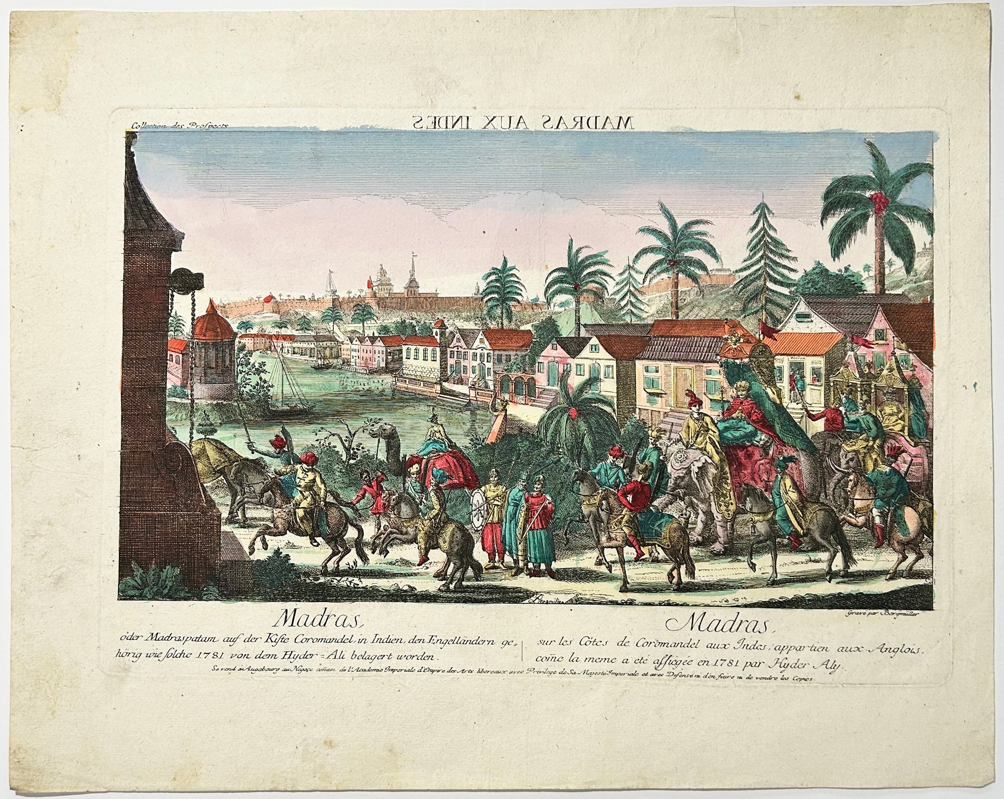 Madras sur les côtes de Coromandel aux Indes, appartenant aux anglais, comme la même a été assiégée en 1781 par Hyder Aly.  c.1780.
