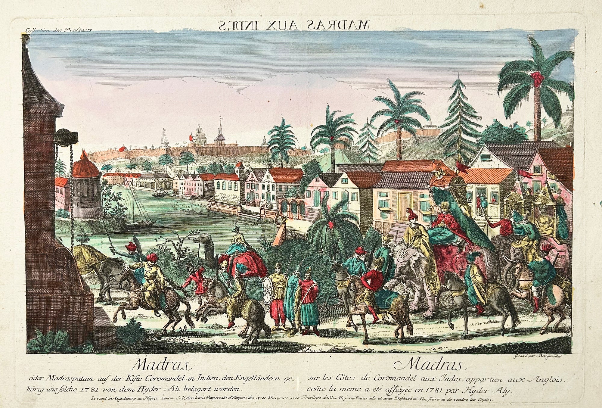 BERGMÜLLER - Madras sur les côtes de Coromandel aux Indes, appartenant aux anglais, comme la même a été assiégée en 1781 par Hyder Aly.  c.1780. Vue d'optique. Eau-forte en coloris ancien. 