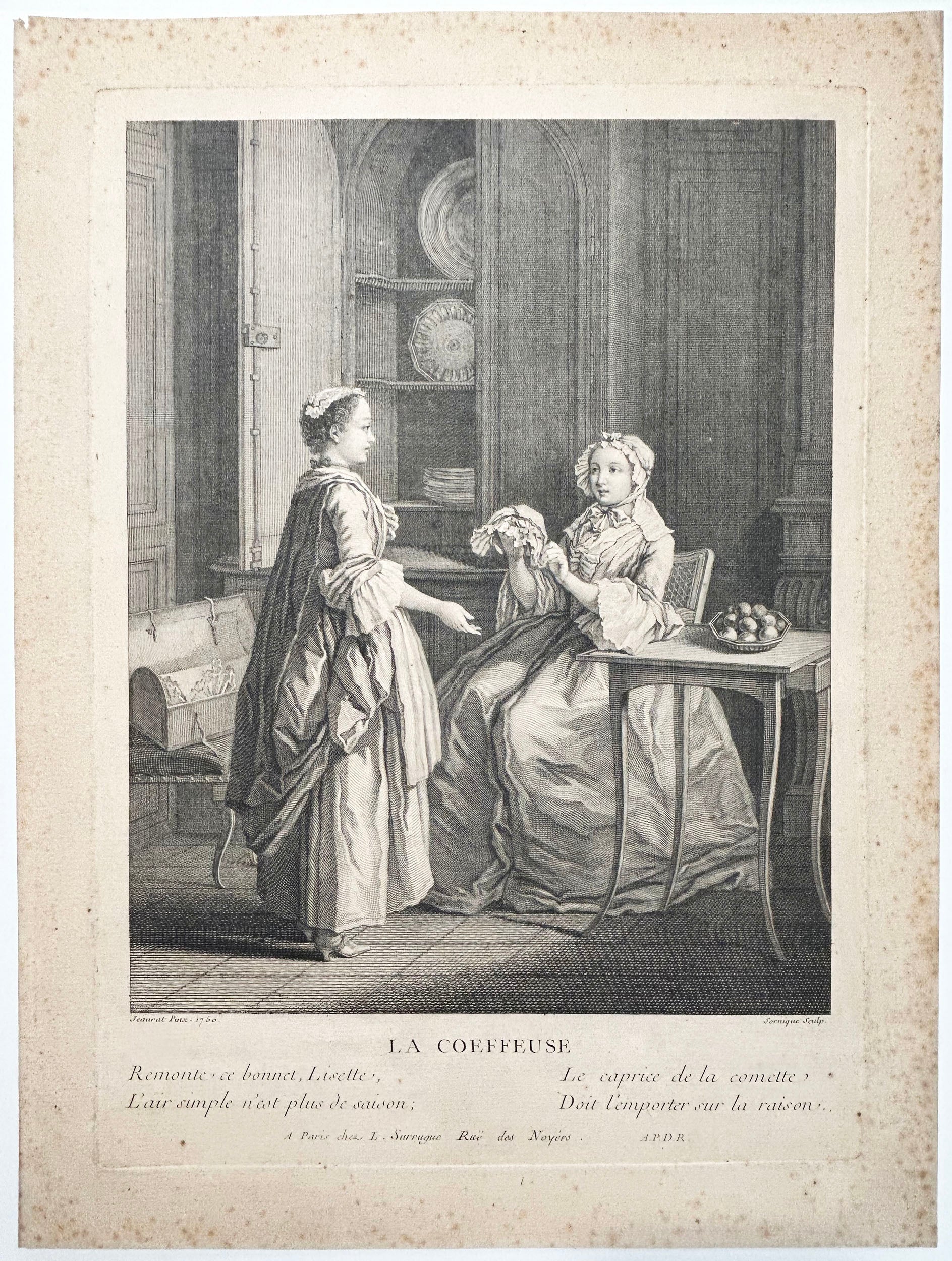 Dominique SORNIQUE - La coiffeuse. 1750. Gravure à l'eau-forte et au burin d'après Etienne Jeaurat 
