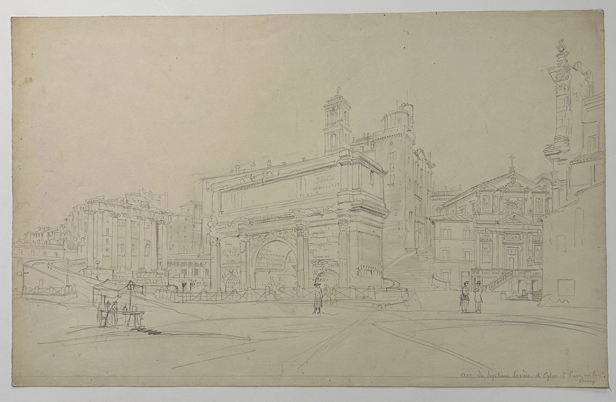 Félix BENOIST - Rome. Arc de Septime Sévère et Eglise Saint Pierre. c.1860.
Dessin original à la mine de plomb, sur papier vélin