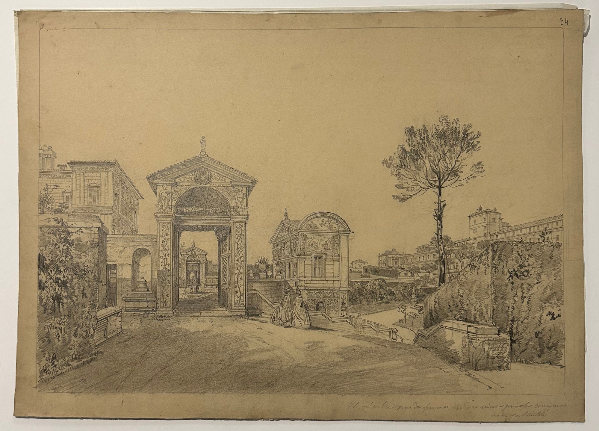 Félix BENOIST - Rome. La Casina Pie IV, Palais dans les Jardins du Vatican. c.1860. Dessin original à la mine de plomb, sur papier vélin
