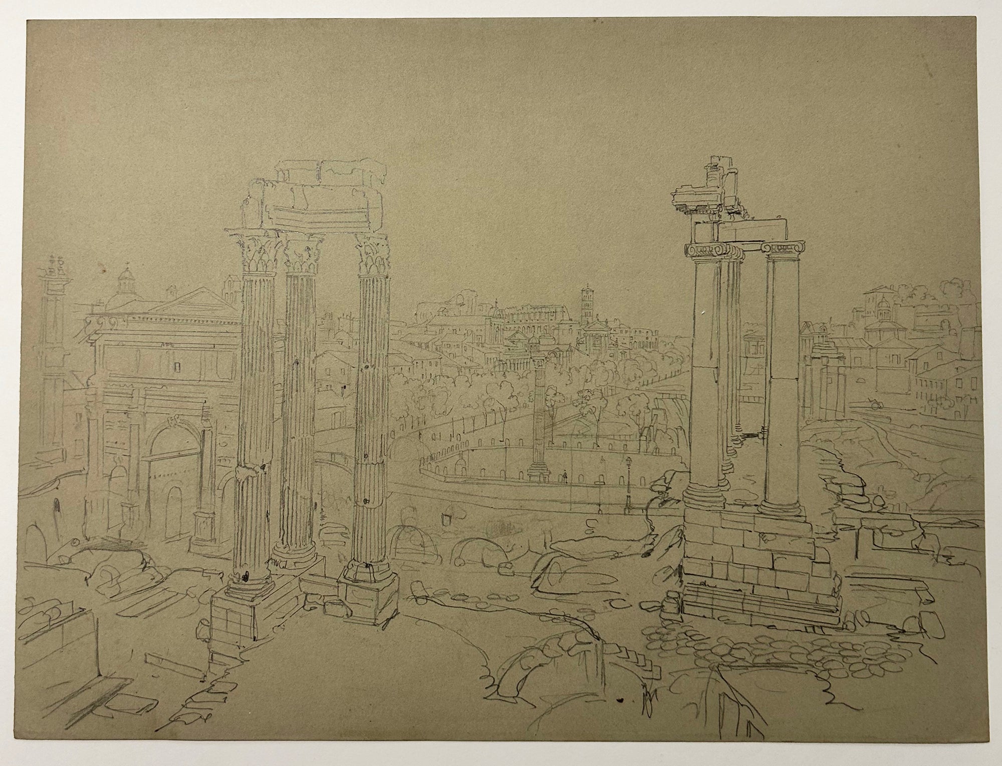 Félix BENOIST - Rome. Vue du Forum Romain. c.1860.  Dessin original à la mine de plomb, sur papier vélin grège