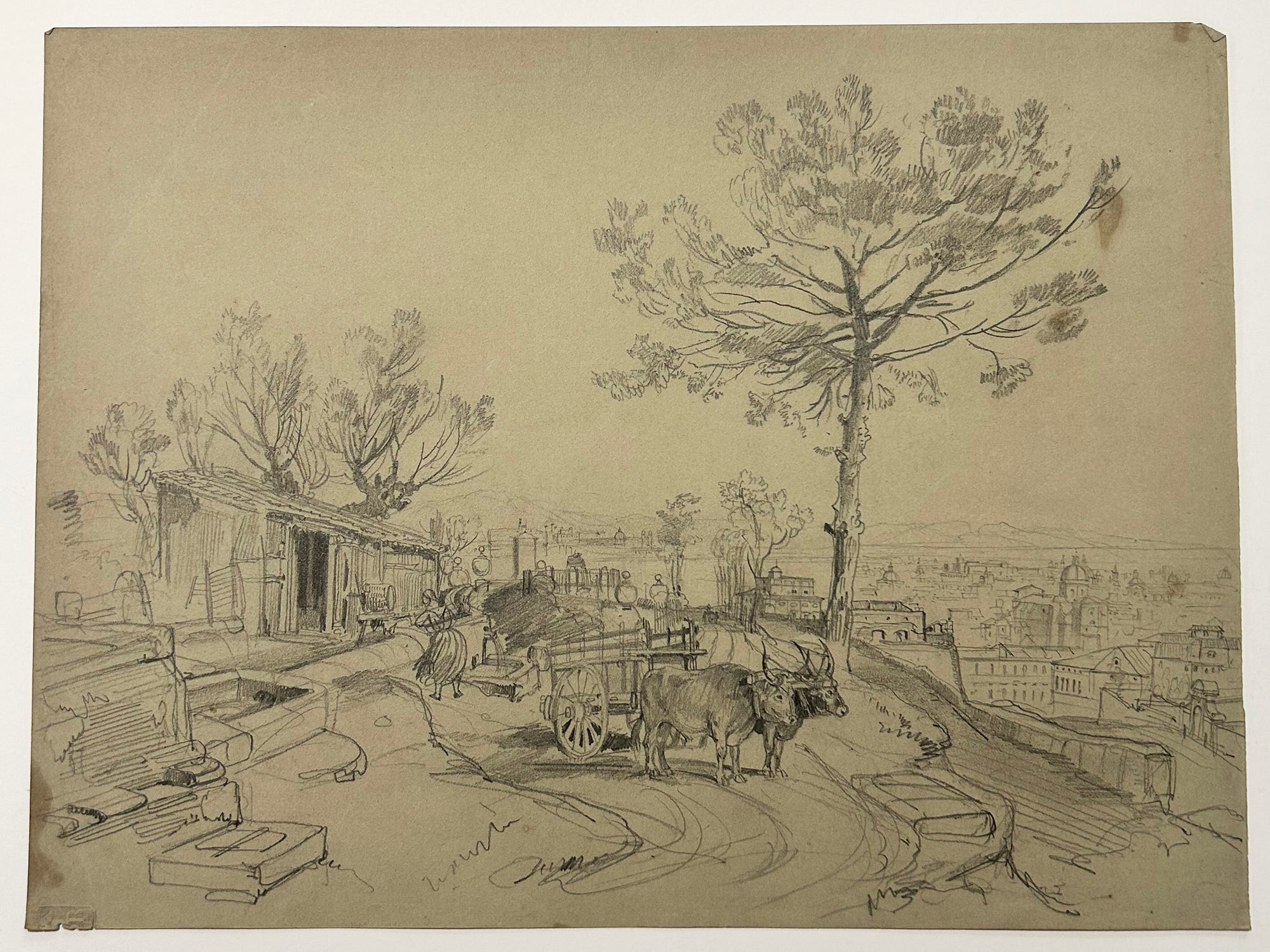 Félix BENOIST - Rome. Ferme sur les hauteurs de Rome. c.1860. Dessin original à la mine de plomb, sur papier vélin grège. 