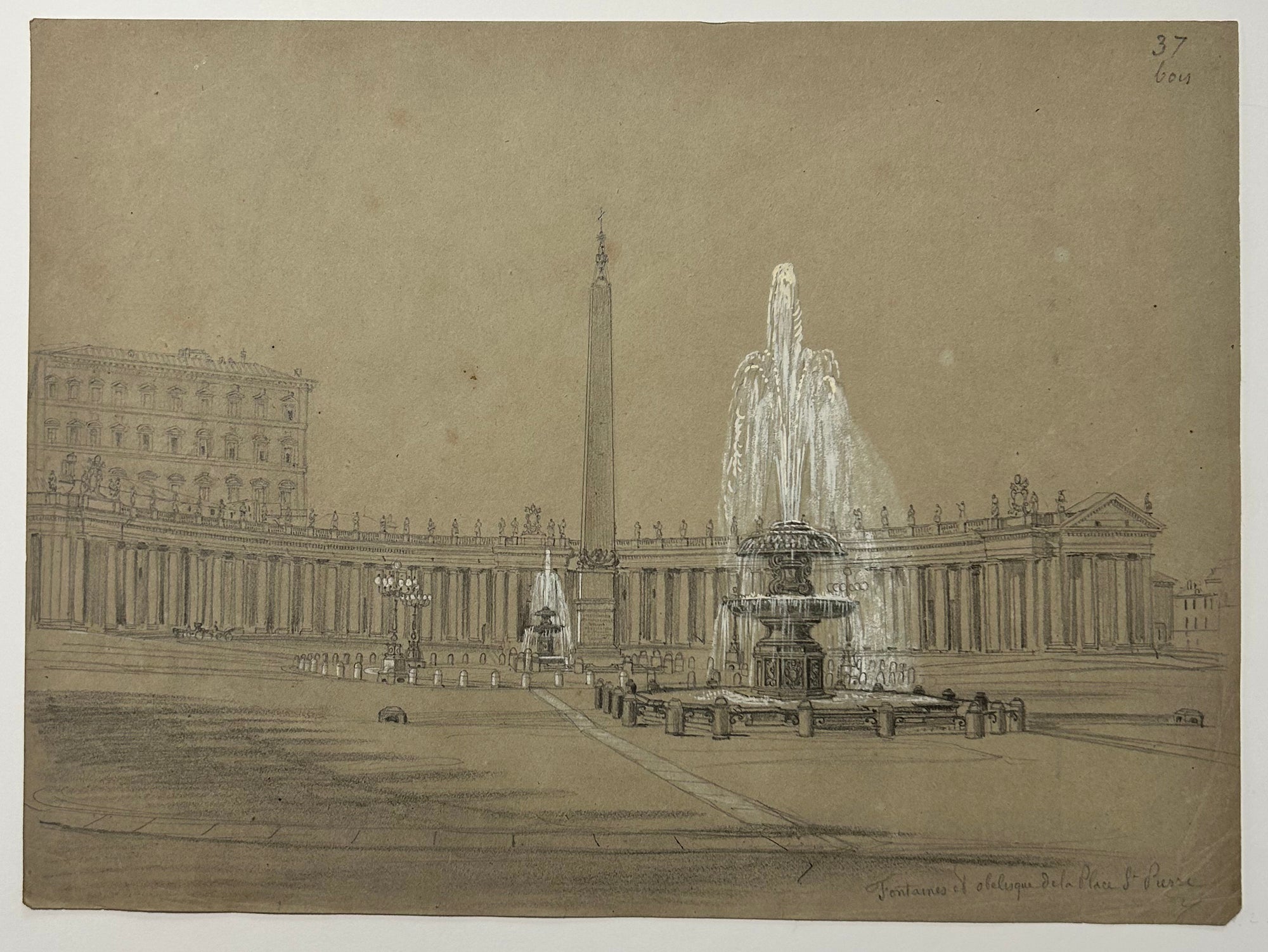 Félix BENOIST - Rome. Vatican, Fontaines et obélisque de la Place Saint Pierre. c.1860. Dessin original à la mine de plomb, rehaussé de gouache blanche, sur papier vélin grège