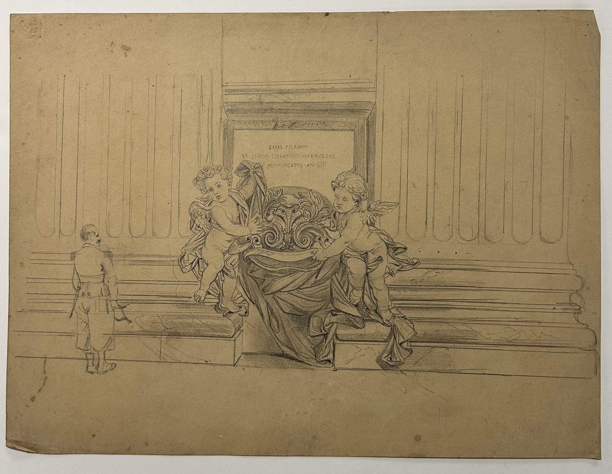Félix BENOIST - Rome. Vatican, bénitier aux chérubins dans la Basilique Saint Pierre. Dessin original à la mine de plomb, sur papier vélin crème