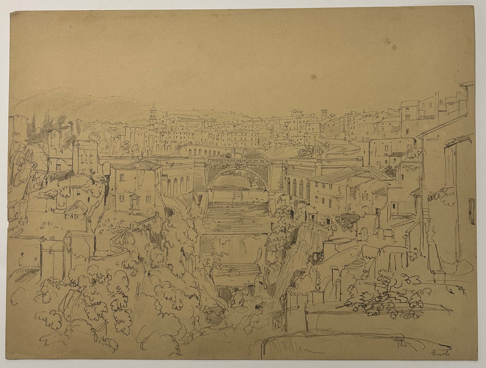 Félix BENOIST - Vue de Tivoli. c.1860. Dessin original à la mine de plomb, sur papier vélin crème.