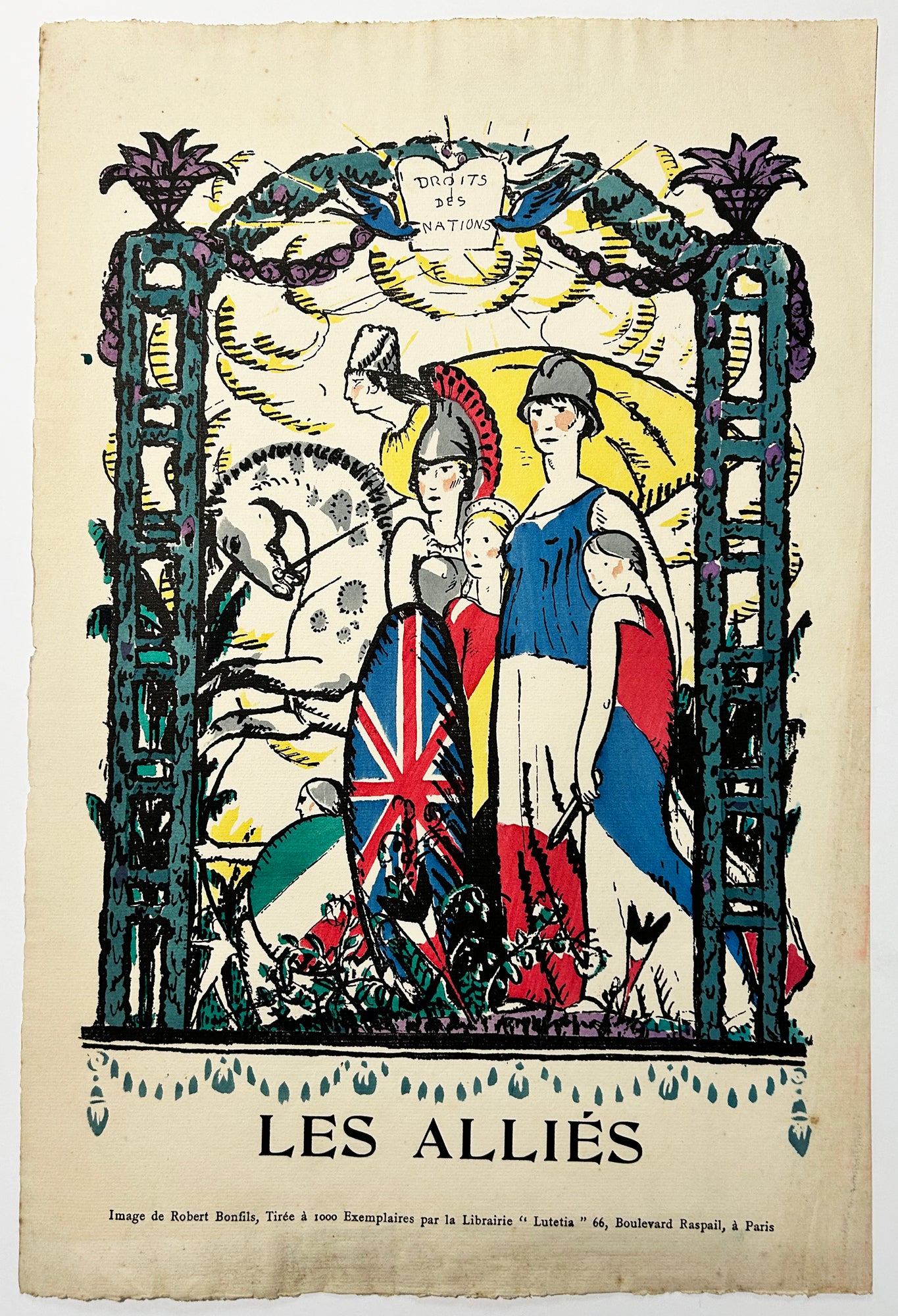 Robert BONFILS - Les Alliés. Bois gravé colorié au pochoir. 