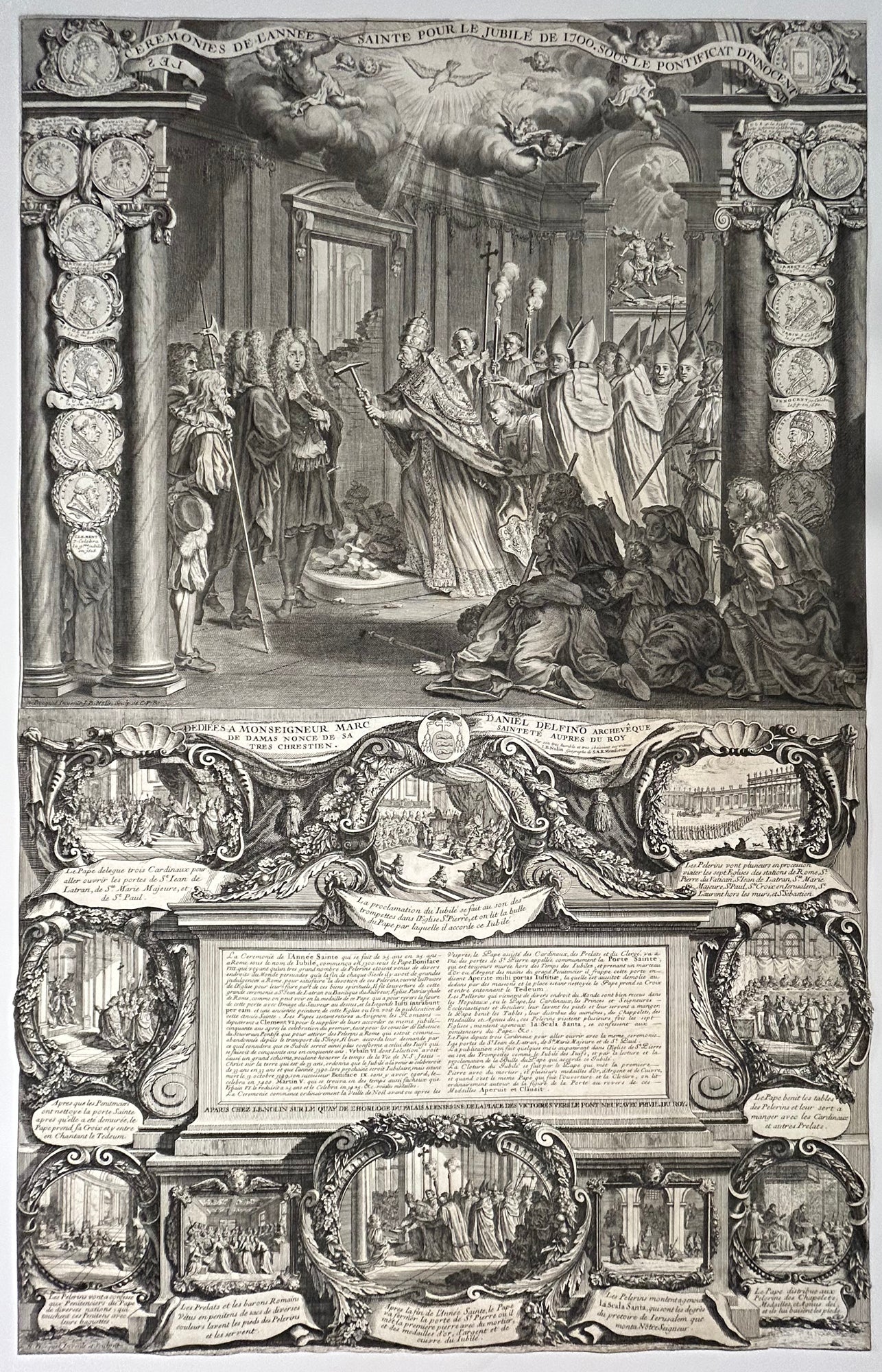 Nicolas BOCQUET et Jean-Baptise NOLIN - Cérémonies de l'année Sainte pour le Jubilé de 1700 sous le Pontificat d'Innocent XII. 1700. Gravure à l'eau-forte et au burin, et typographie, imprimée en deux feuilles réunies