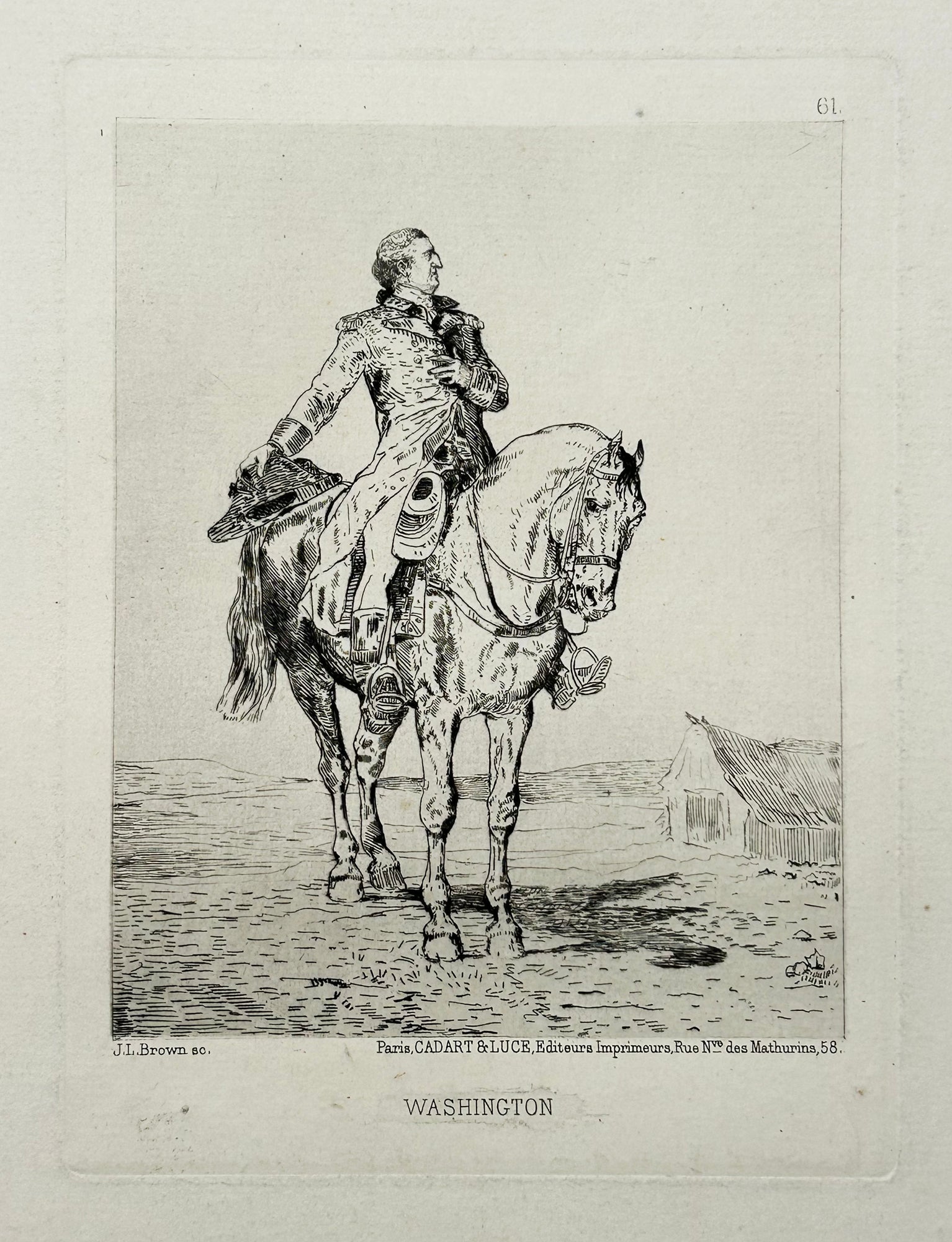 John Lewis BROWN - Washington. George Washington à cheval. 1869. Eau-forte originale. 
