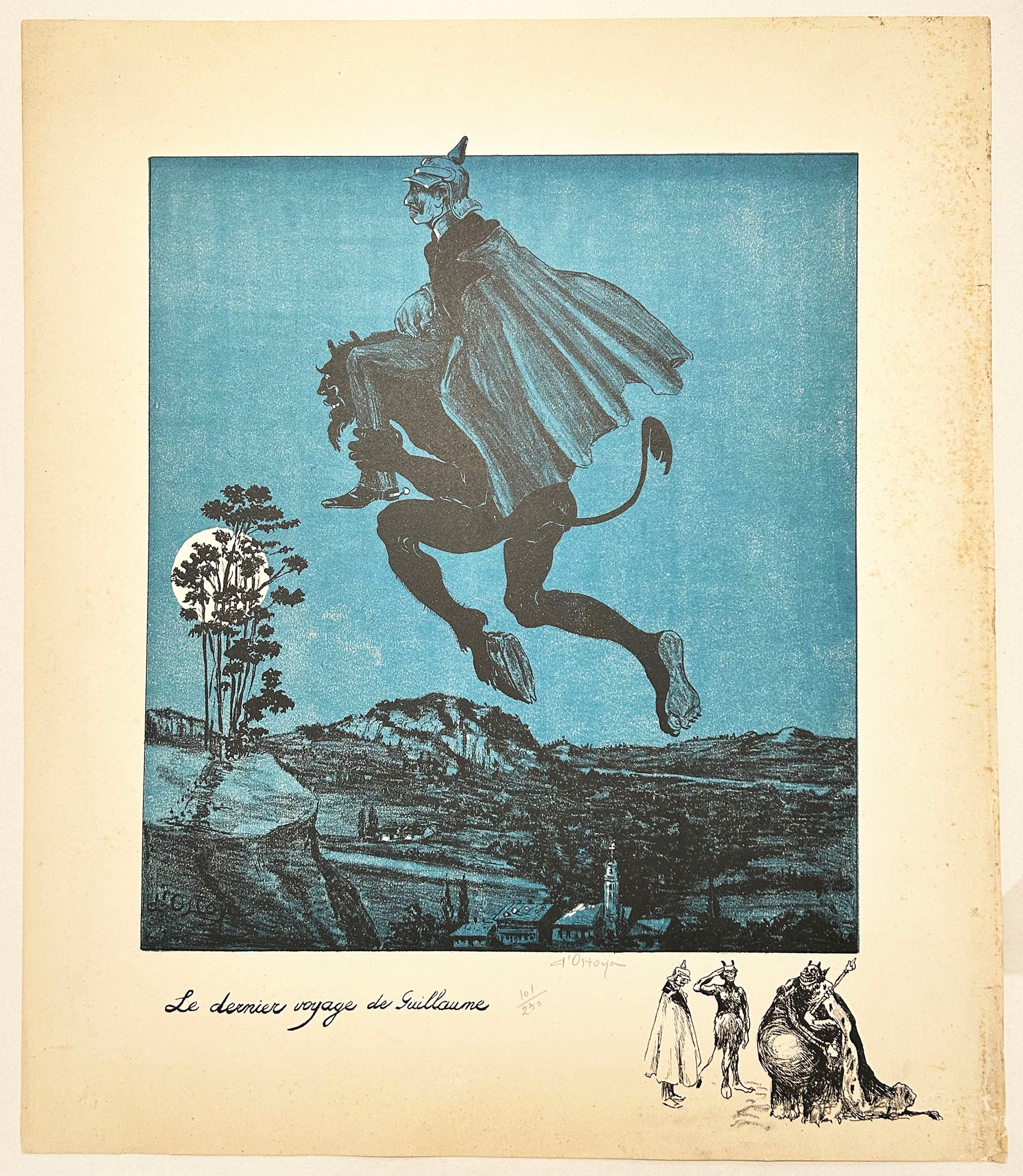 Georges D'OSTOYA - Le dernier voyage de Guillaume. Lithographie originale, coloriée au pochoir. 