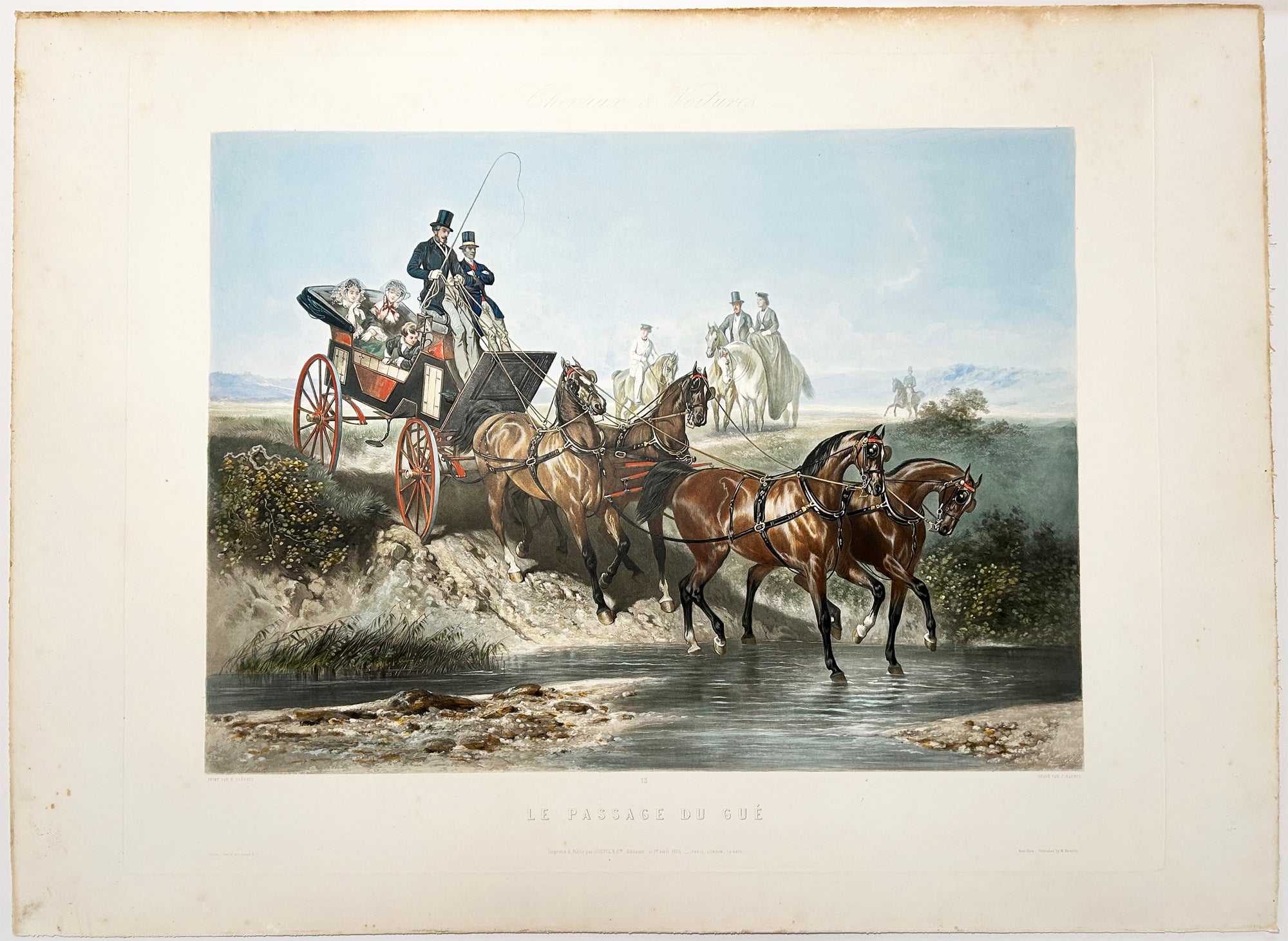 J. HARRIS - Le passage du gué. Aquatinte d'après Eugène Charles Guérard (Nancy 1821 † 1866). Coloris ancien