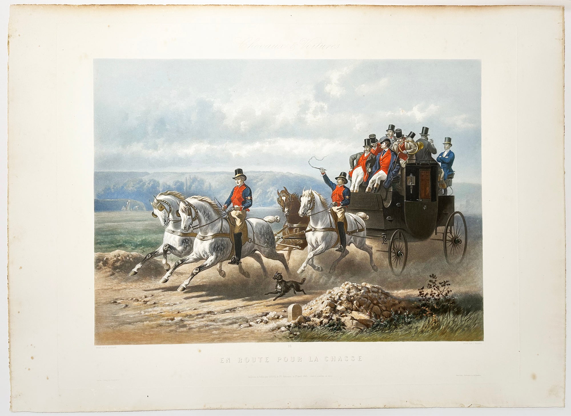 J. HARRIS - En route pour la chasse. Aquatinte d'après Eugène Charles Guérard (Nancy 1821 † 1866). Coloris ancien. 