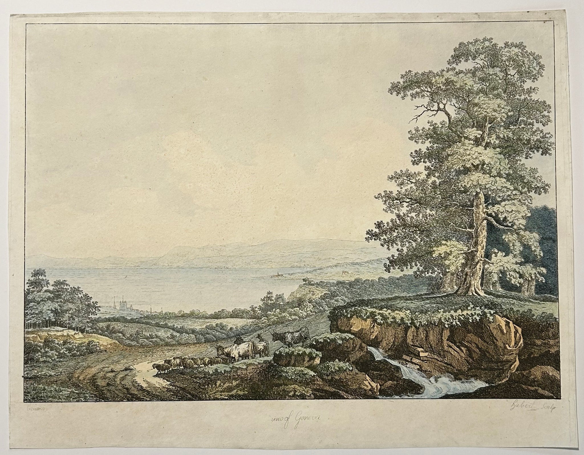 Jean-Baptiste Louis HUBERT - View of Geneva (Vue de Genève). Eau-forte en couleurs. 