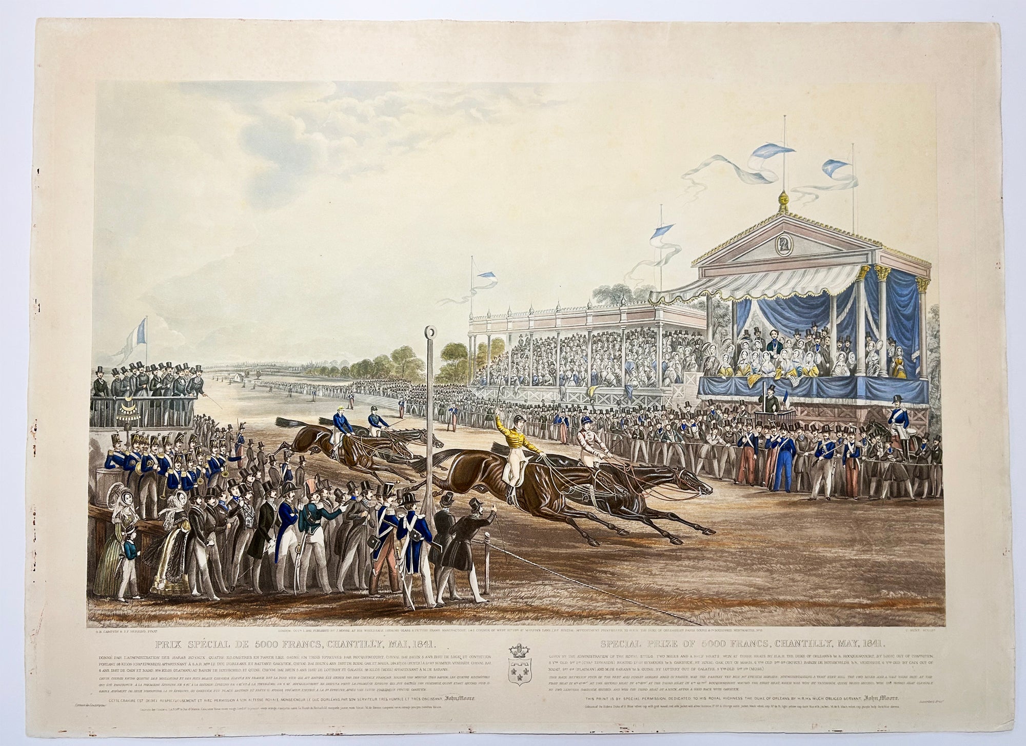 Charles HUNT - Prix du Jockey Club, 7000 francs, Chantilly, Mai 1841, apprêtant à s’élancer. Prix du Jockey Club, 7000 francs, Chantilly, Mai 1841, Ils s’élançenent. Prix spécial de 5000 francs, Chantilly, Mai 1841. Prix spécial de 5000 francs, Chantilly, Mai 1841. Suite complète de 4 gravures à l’aquatinte d’après George Bryant Campion.