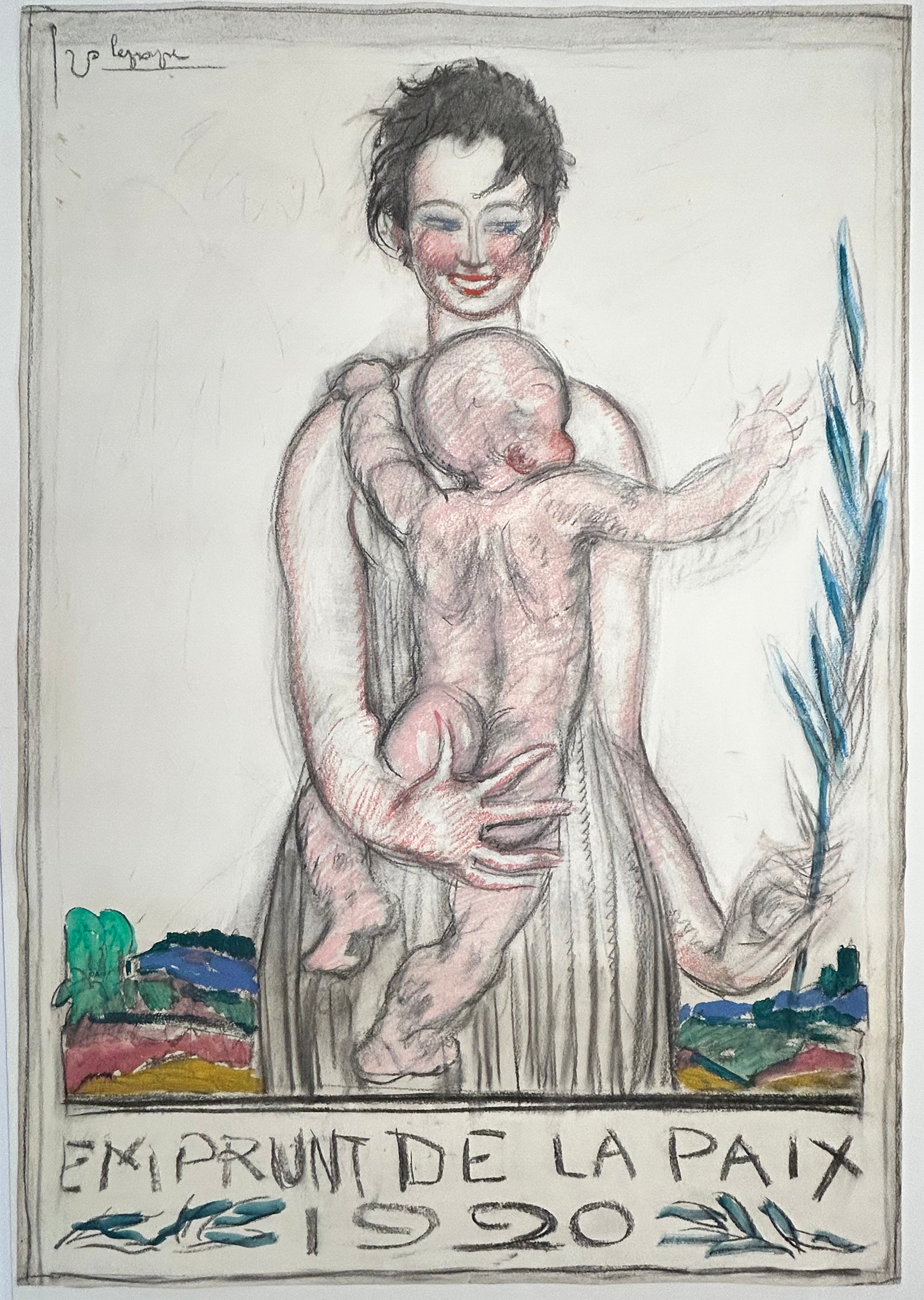 Georges LEPAPE - Emprunt de la Paix. Projet d'affiche. Dessin original au fusain et pastel.