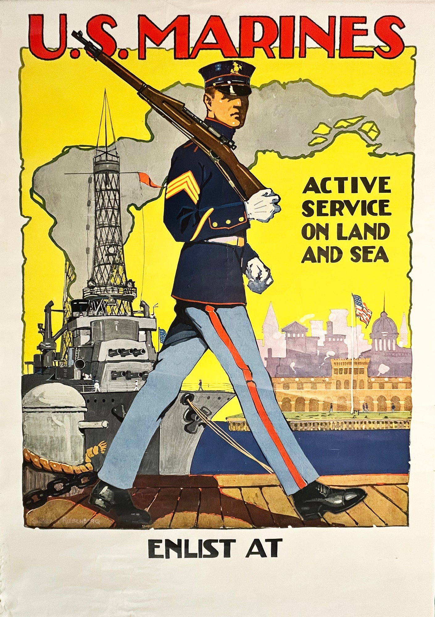 Sidney H. RIESENBERG - Affiche U.S Marine. Active service on Land and Sea. Affiche offset. 
