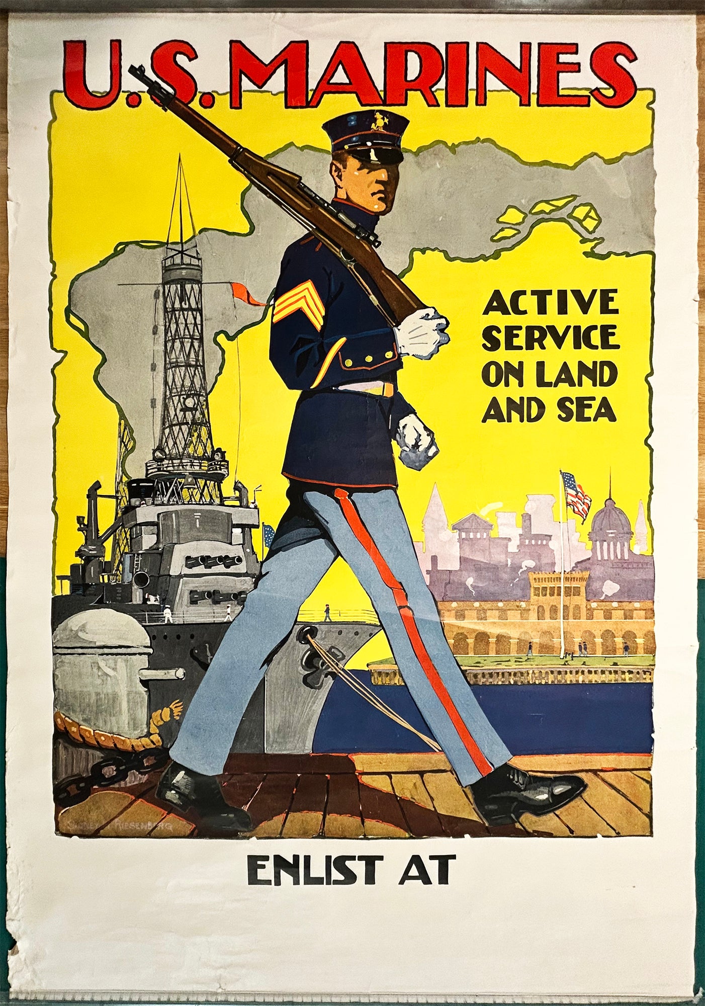 Affiche U.S Marine. Active service on Land and Sea. c.1917.