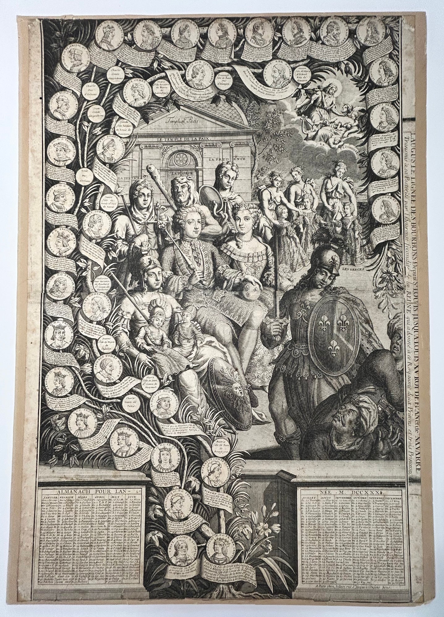 Almanach Royal pour l'Année MDCCXXXI (1731). Généalogie des Bourbons de Saint Louis à Louis XV, roi de France et de Navarre. Transmis à sa Postérité par l'heureuse fécondité de la Reine qui a donné à ce Royaume deux Princes et trois Princesses.