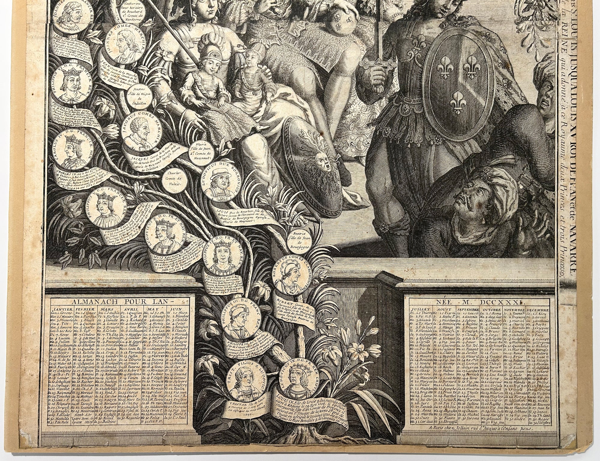 Almanach Royal pour l'Année MDCCXXXI (1731). Généalogie des Bourbons de Saint Louis à Louis XV, roi de France et de Navarre. Transmis à sa Postérité par l'heureuse fécondité de la Reine qui a donné à ce Royaume deux Princes et trois Princesses.