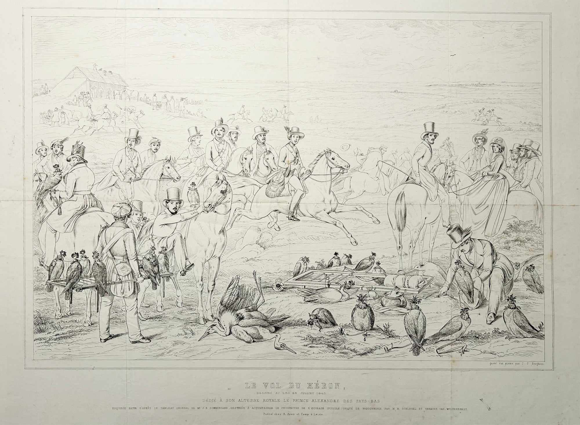 Le vol du héron. (Chasse au faucon organisée en juillet 1843 sur le Hei, près du Paleis Het Loo). 19ème. Lithographie d'après Johann Baptist SONDERLAND.
