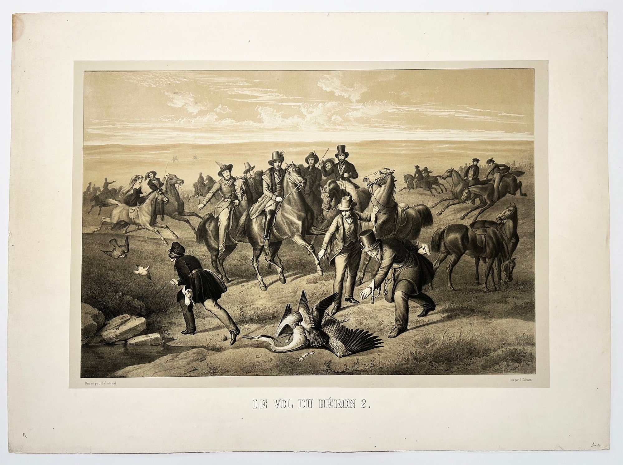 Johann Baptist SONDERLAND (d'après - Le vol du héron 2. Lithographie. 