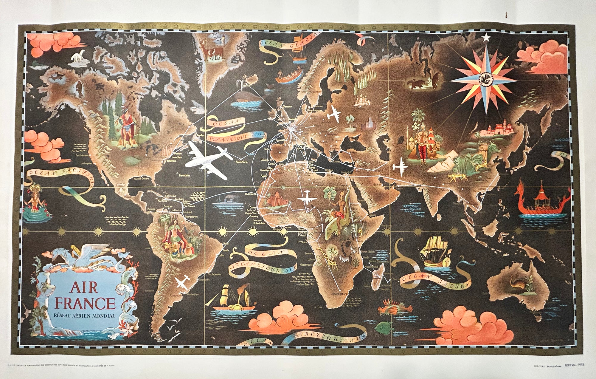 Lucien BOUCHER - Planisphère: Réseau aérien mondial. Affiche Air France.