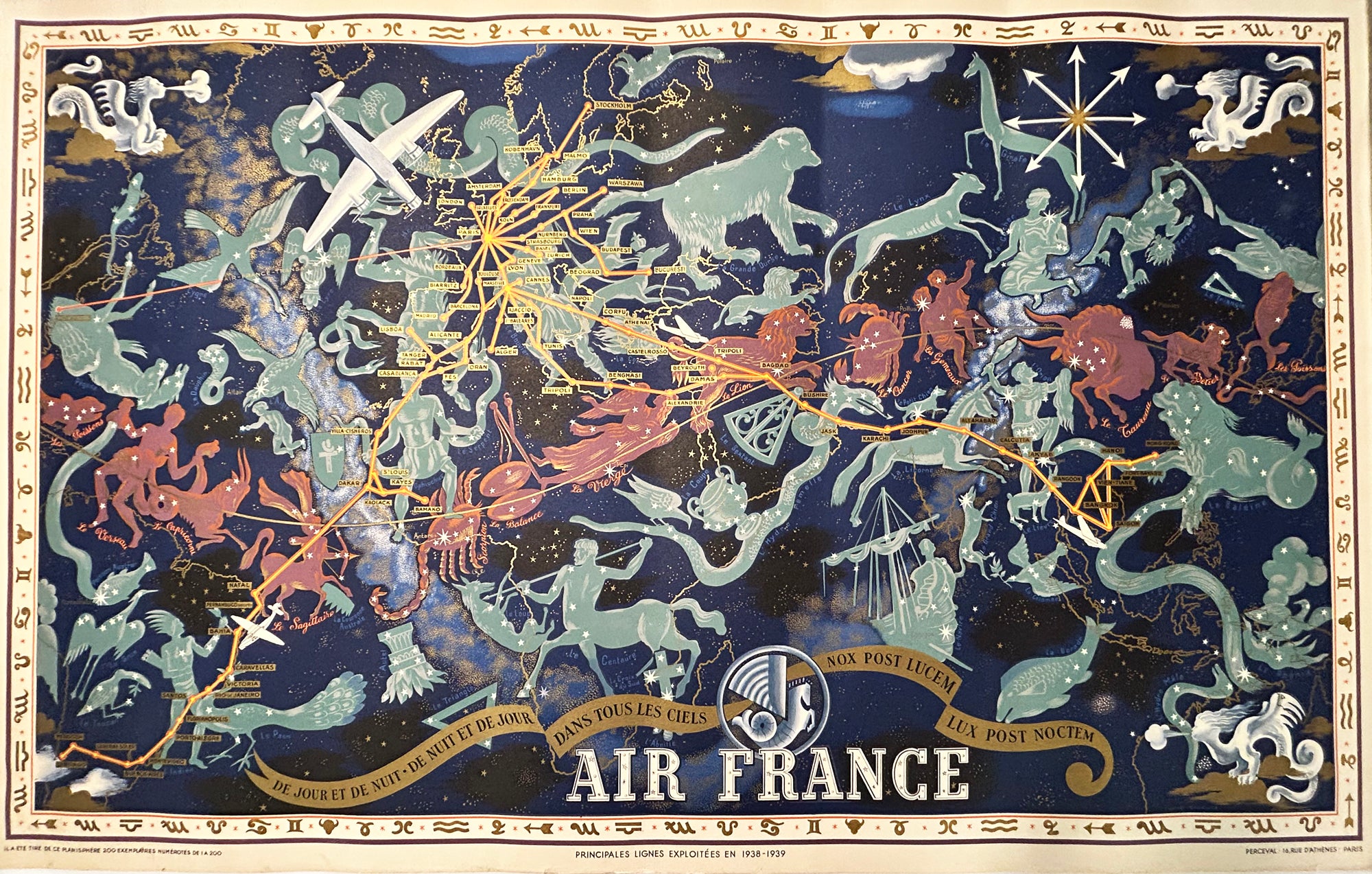 Lucien BOUCHER - Planisphère céleste. De jour et de nuit, de nuit et de jour, dans tous les ciels. Principales lignes exploitées en 1938-1939. Affiche Air France.