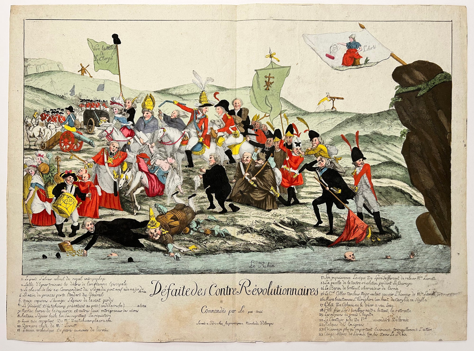 CARICATURE DE LA REVOLUTION - Défaite des Contre Révolutionnaires, commandés par Le petit Condé. c.1792. Eau-forte gravée par un anonyme, en coloris ancien