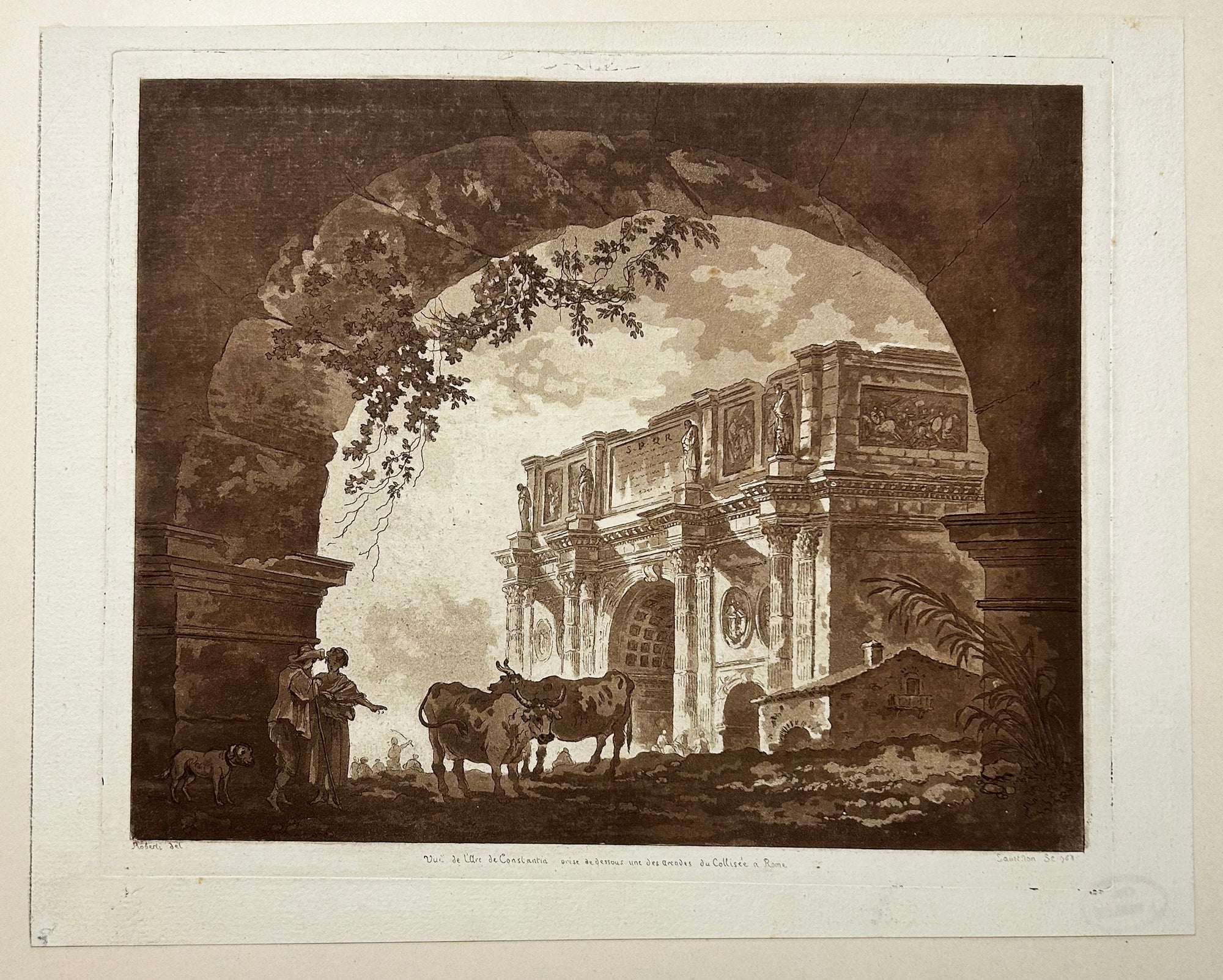 SAINT-NON - Vue de l'Arc de Constantin prise de dessous une des arcades du Colisée à Rome. 1768. Gravure à l'eau-forte et à l'aquatinte d'après Robert, imprimée en brun