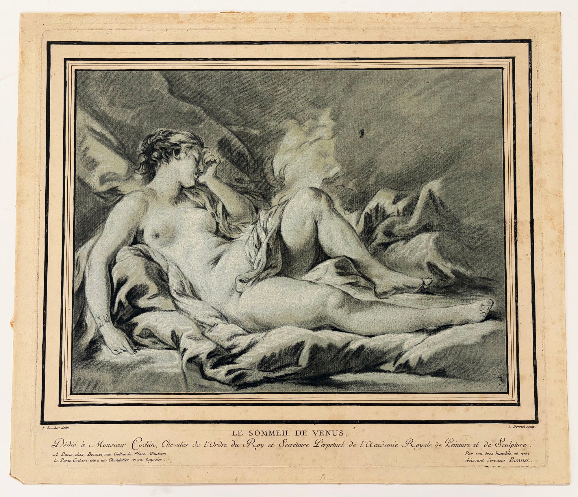 Louis Marin BONNET - Le sommeil de Vénus.  c.1771. Gravure à la manière du crayon d'après François Boucher (Paris 1703 † 1770), imprimée en noir et blanc gouaché sur papier bleu fin appliqué sur vergé. 