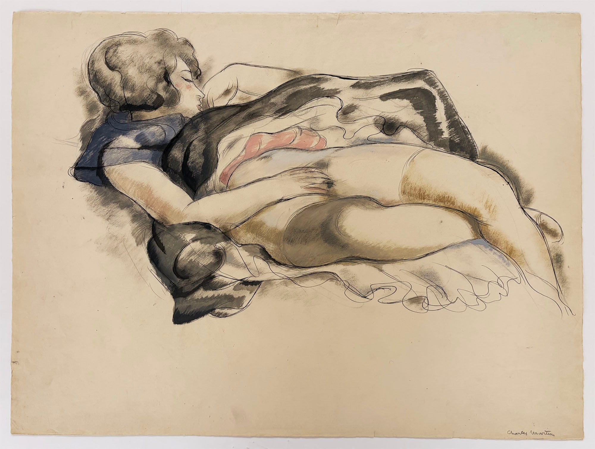 Charles MARTIN - [Femme à moitié dénudée, couchée]. c.1900. Dessin original à l'encre et à l'aquarelle, sur papier vergé crème Arches d'Ingres.